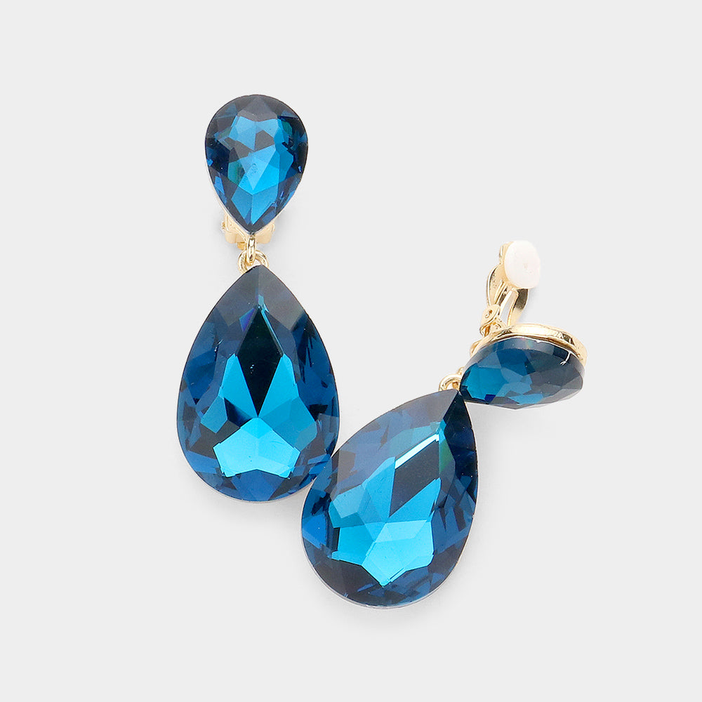 Glass Crystal Double Teardrop Clip On Evening Earrings