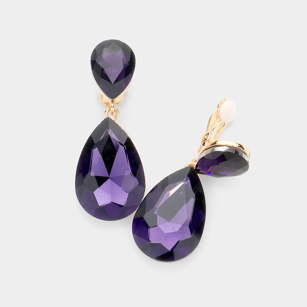 Glass Crystal Double Teardrop Clip On Evening Earrings