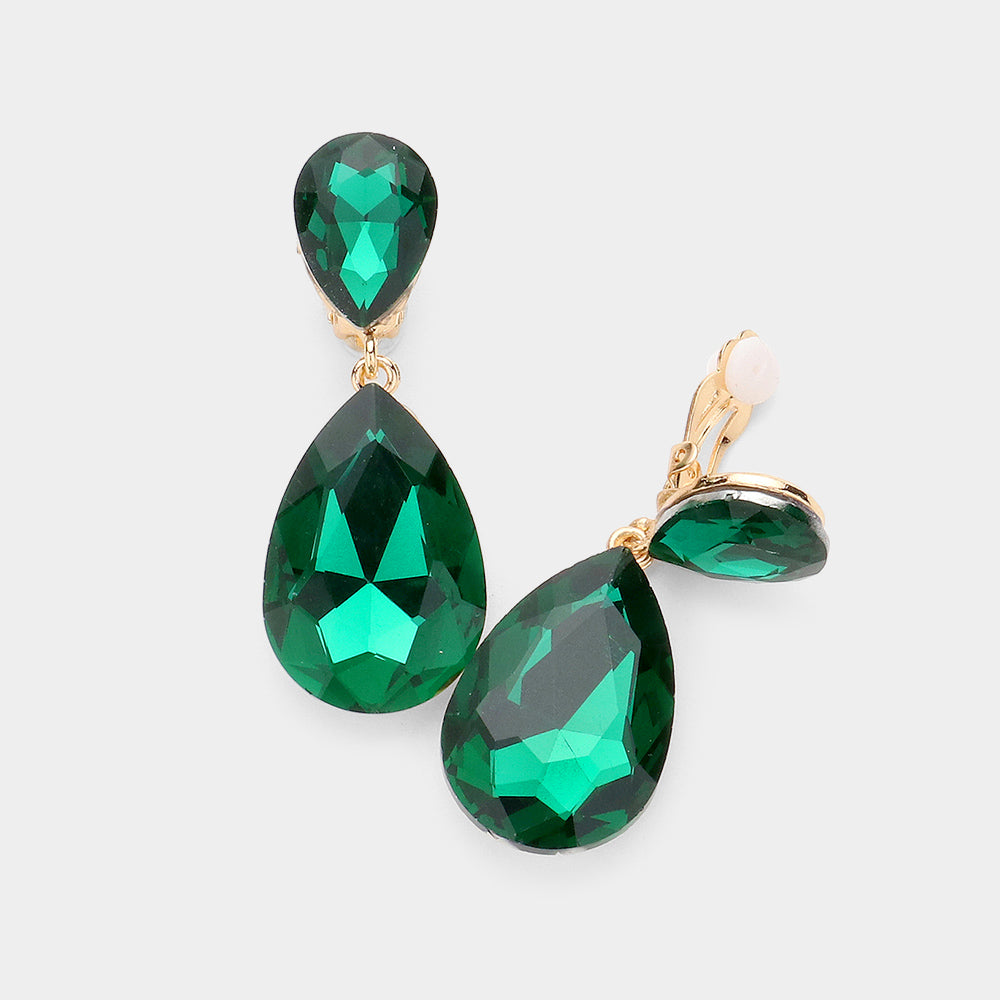 Glass Crystal Double Teardrop Clip On Evening Earrings
