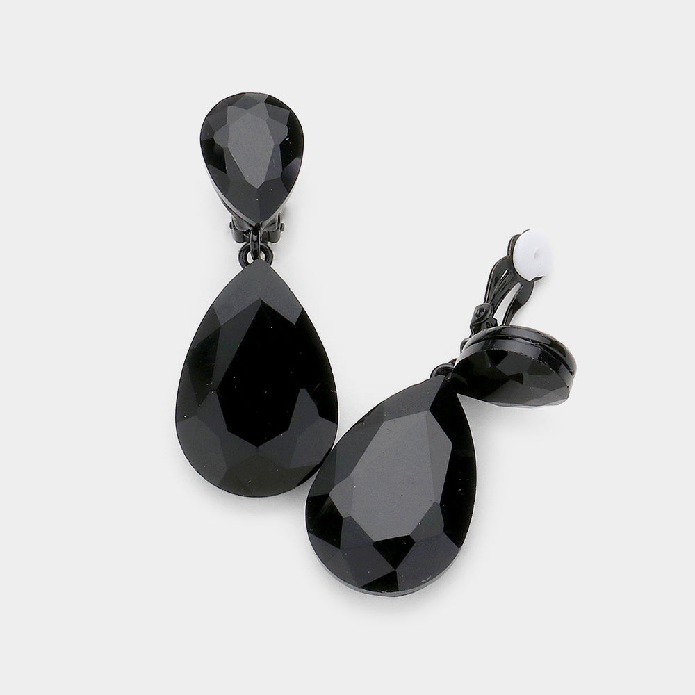 Glass Crystal Double Teardrop Clip On Evening Earrings