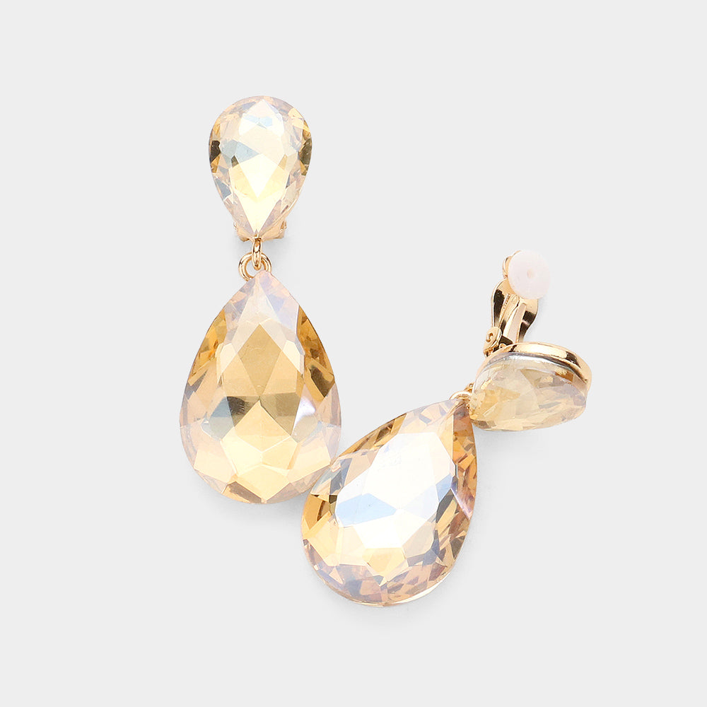 Glass Crystal Double Teardrop Clip On Evening Earrings
