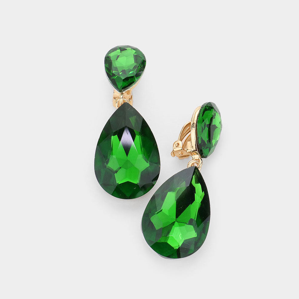 Glass Crystal Double Teardrop Clip On Evening Earrings