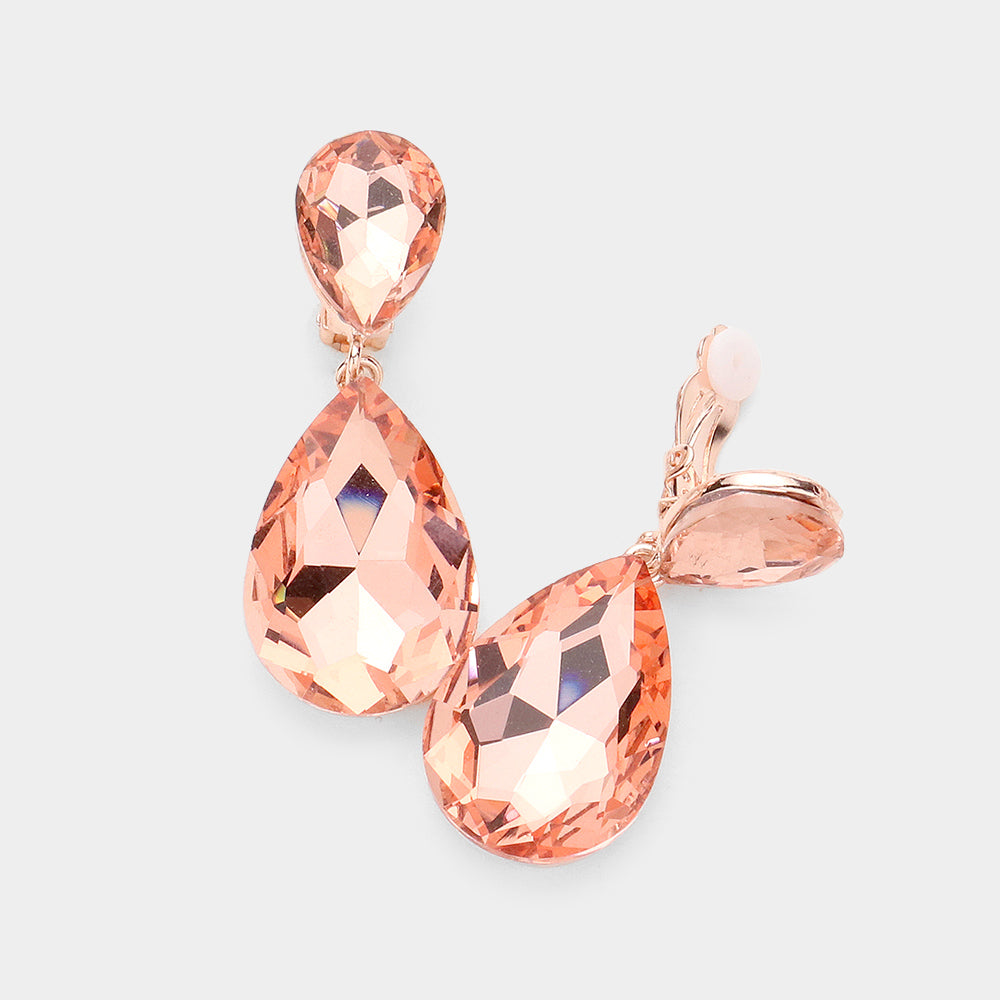 Glass Crystal Double Teardrop Clip On Evening Earrings