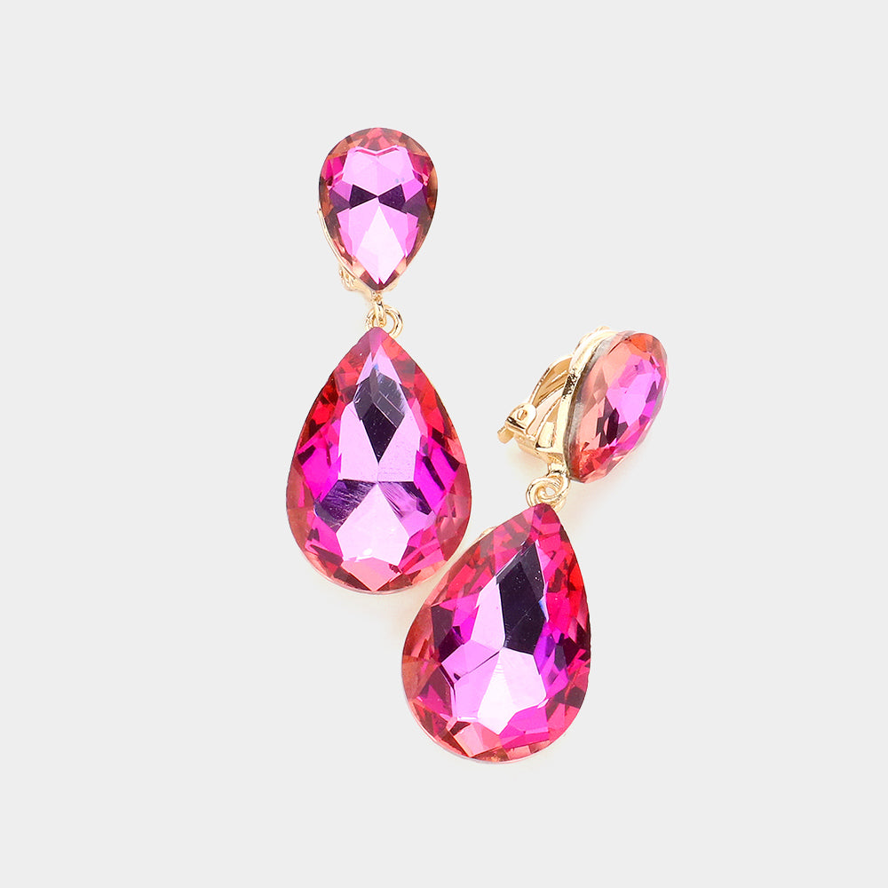 Glass Crystal Double Teardrop Clip On Evening Earrings