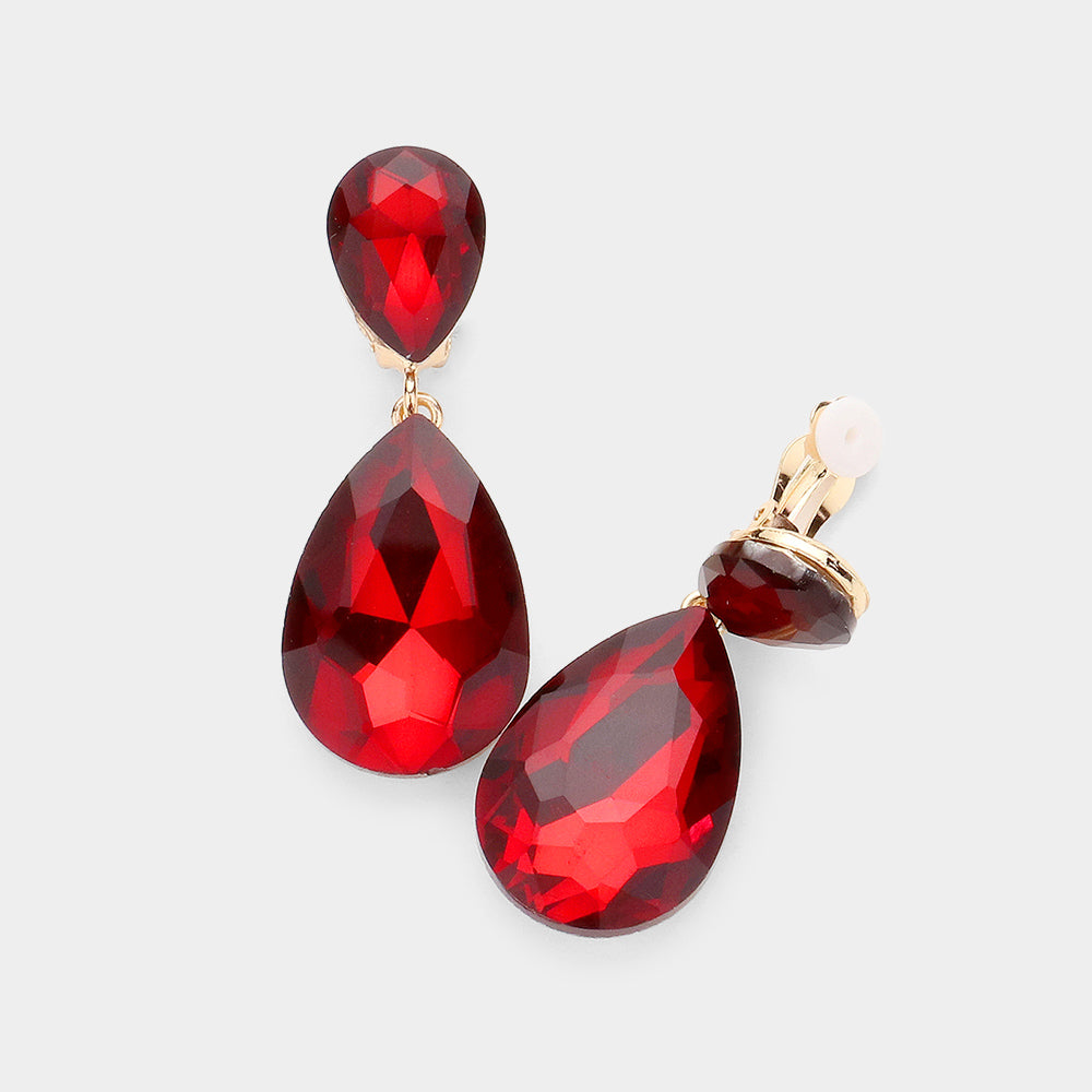 Glass Crystal Double Teardrop Clip On Evening Earrings