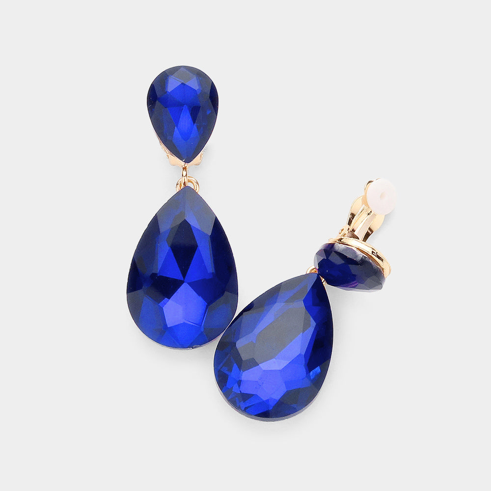 Glass Crystal Double Teardrop Clip On Evening Earrings