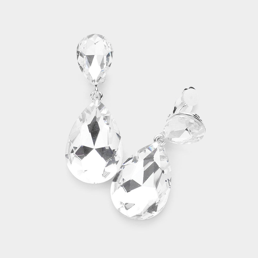 Glass Crystal Double Teardrop Clip On Evening Earrings