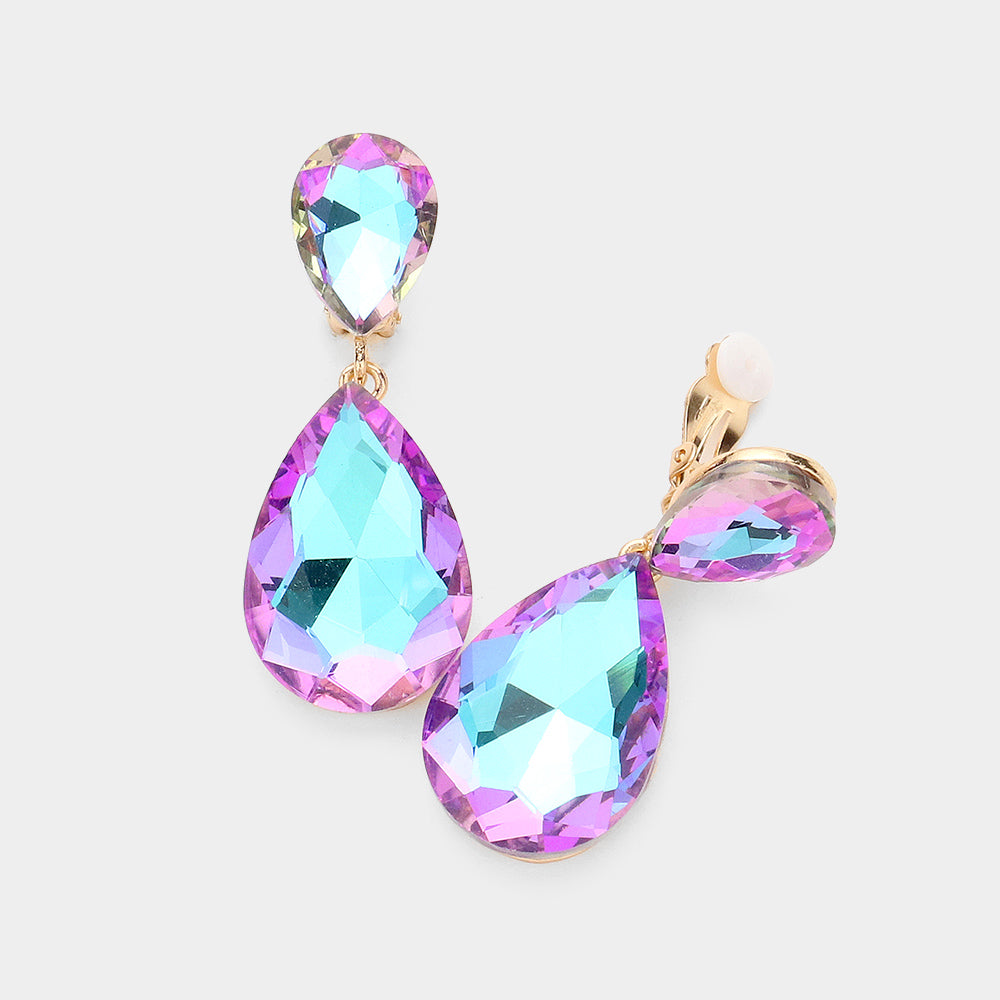 Glass Crystal Double Teardrop Clip On Evening Earrings
