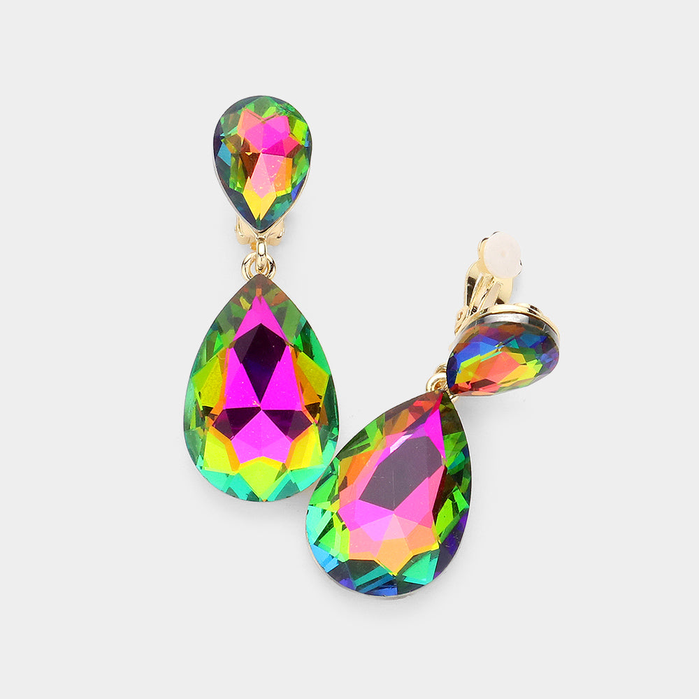 Glass Crystal Double Teardrop Clip On Evening Earrings