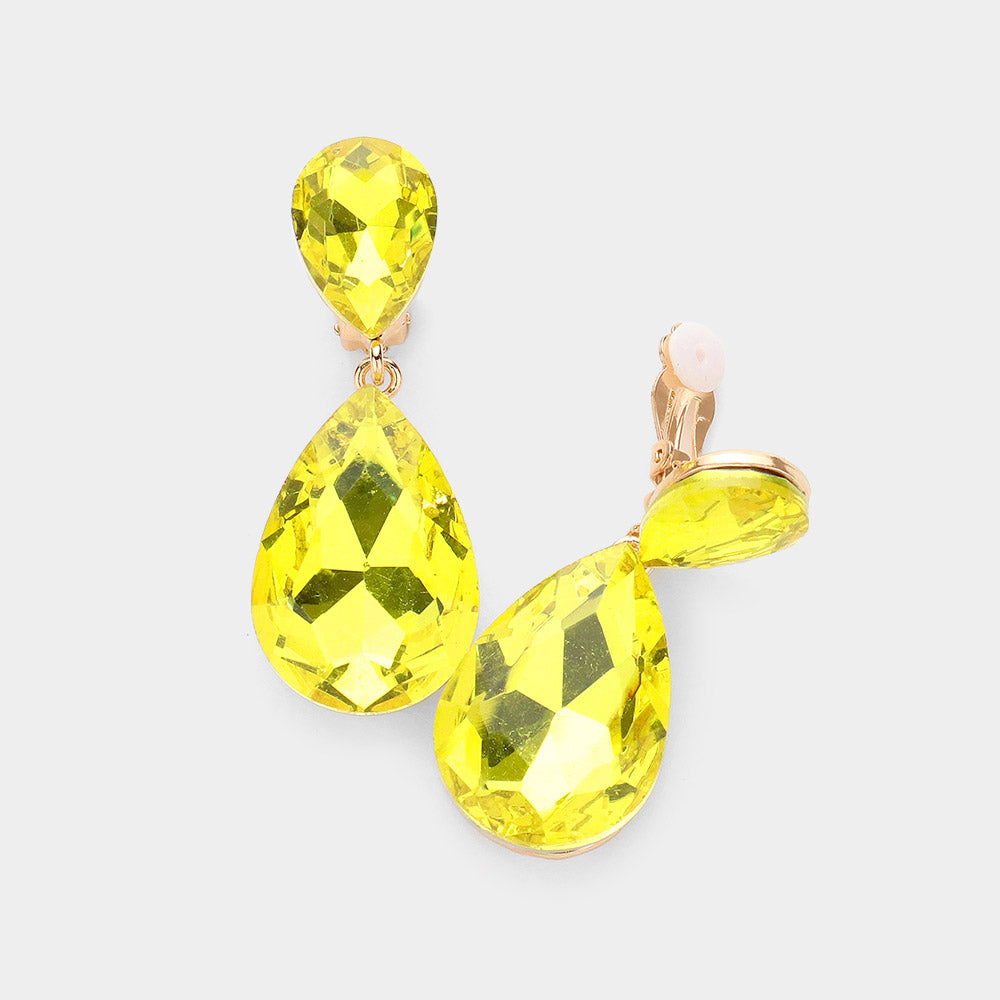 Glass Crystal Double Teardrop Clip On Evening Earrings