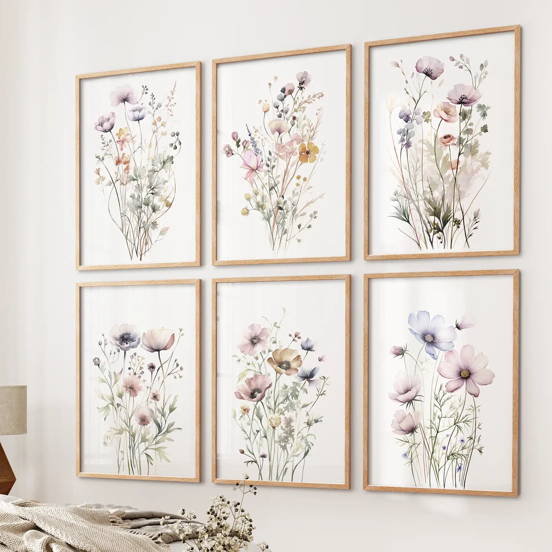 Botanical Watercolor Meadow Flowers 6 Piece Art Set