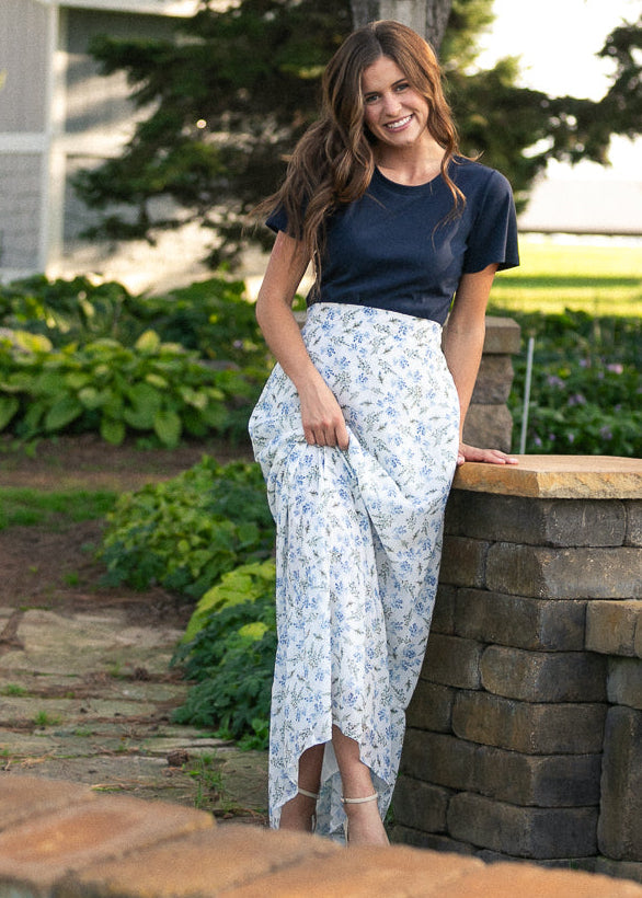 Havyn Blue Floral Lined Maxi Skirt