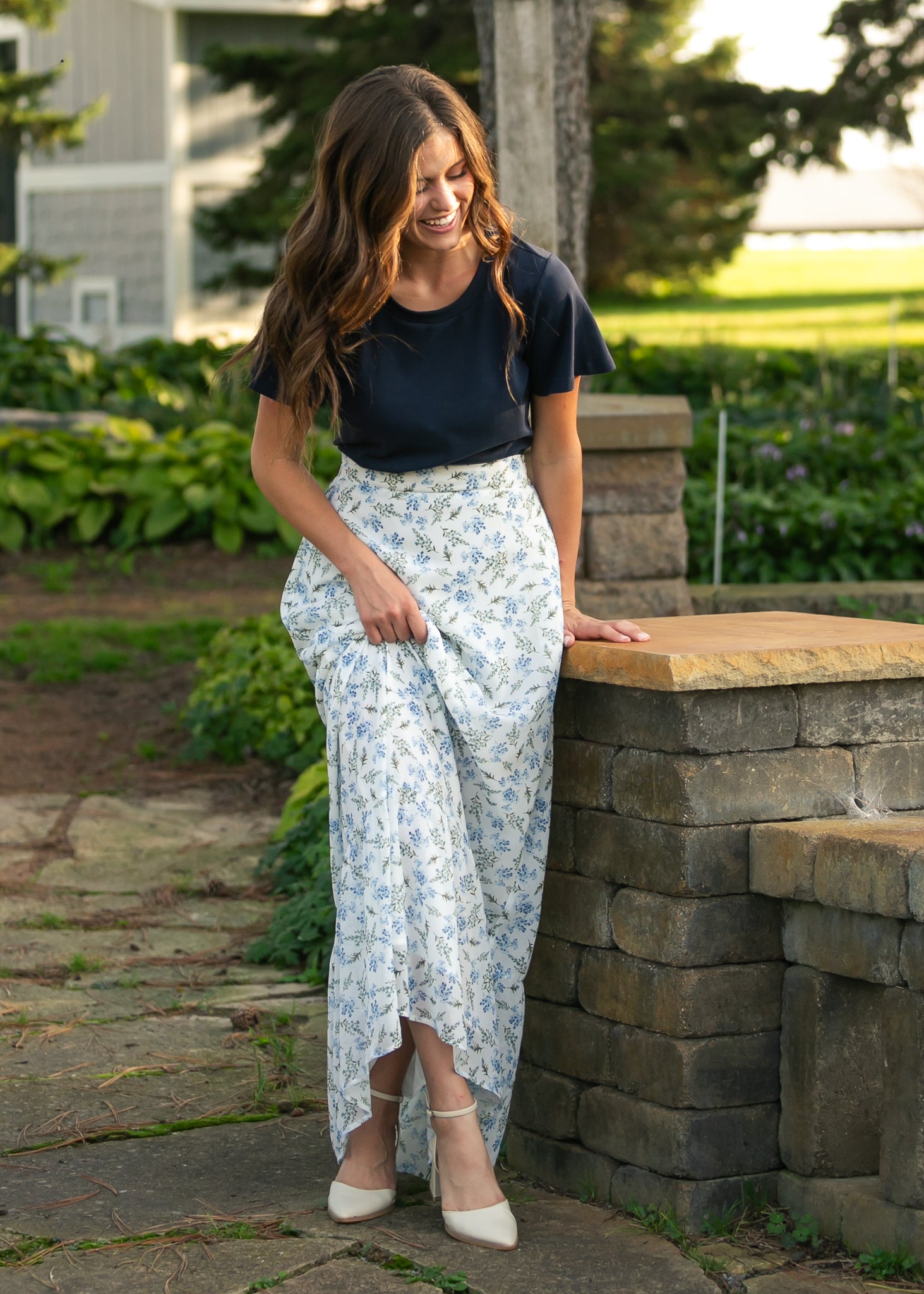 Havyn Blue Floral Lined Maxi Skirt