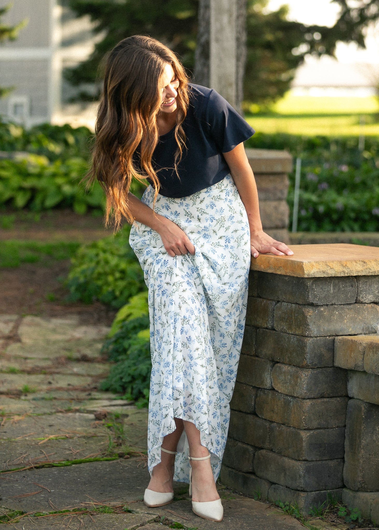 Havyn Blue Floral Lined Maxi Skirt