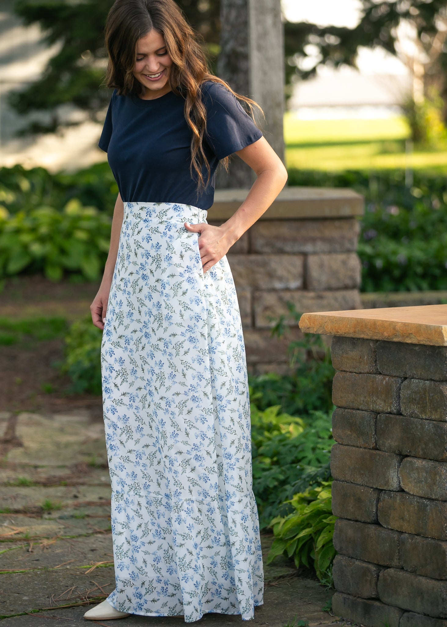 Havyn Blue Floral Lined Maxi Skirt