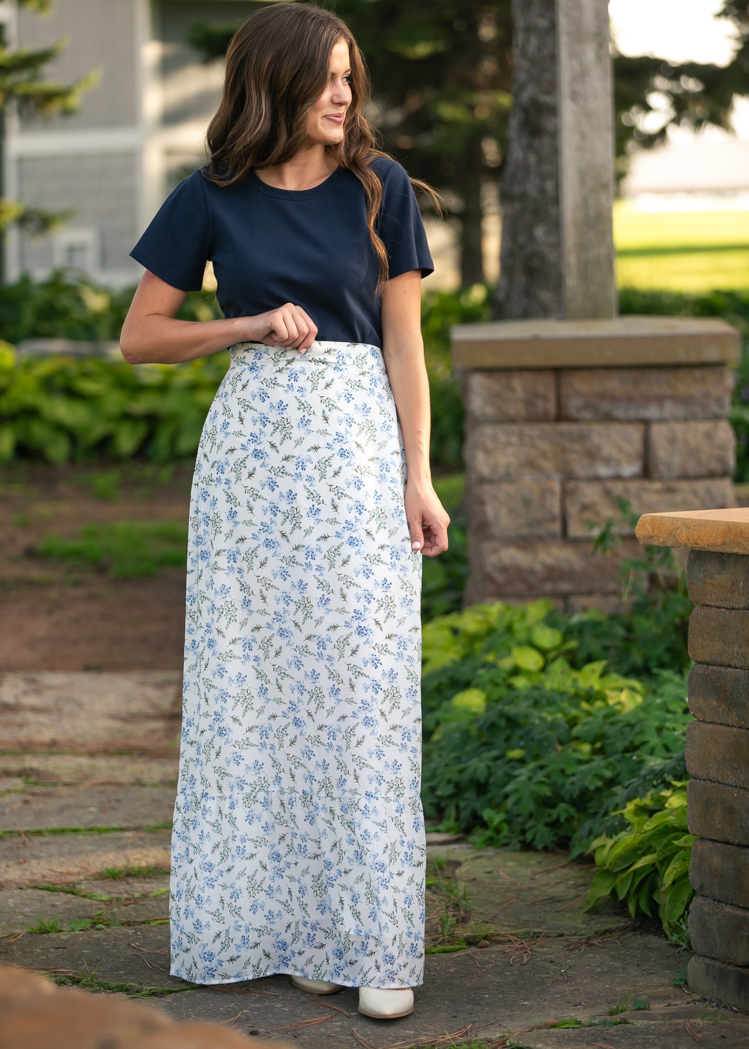 Havyn Blue Floral Lined Maxi Skirt