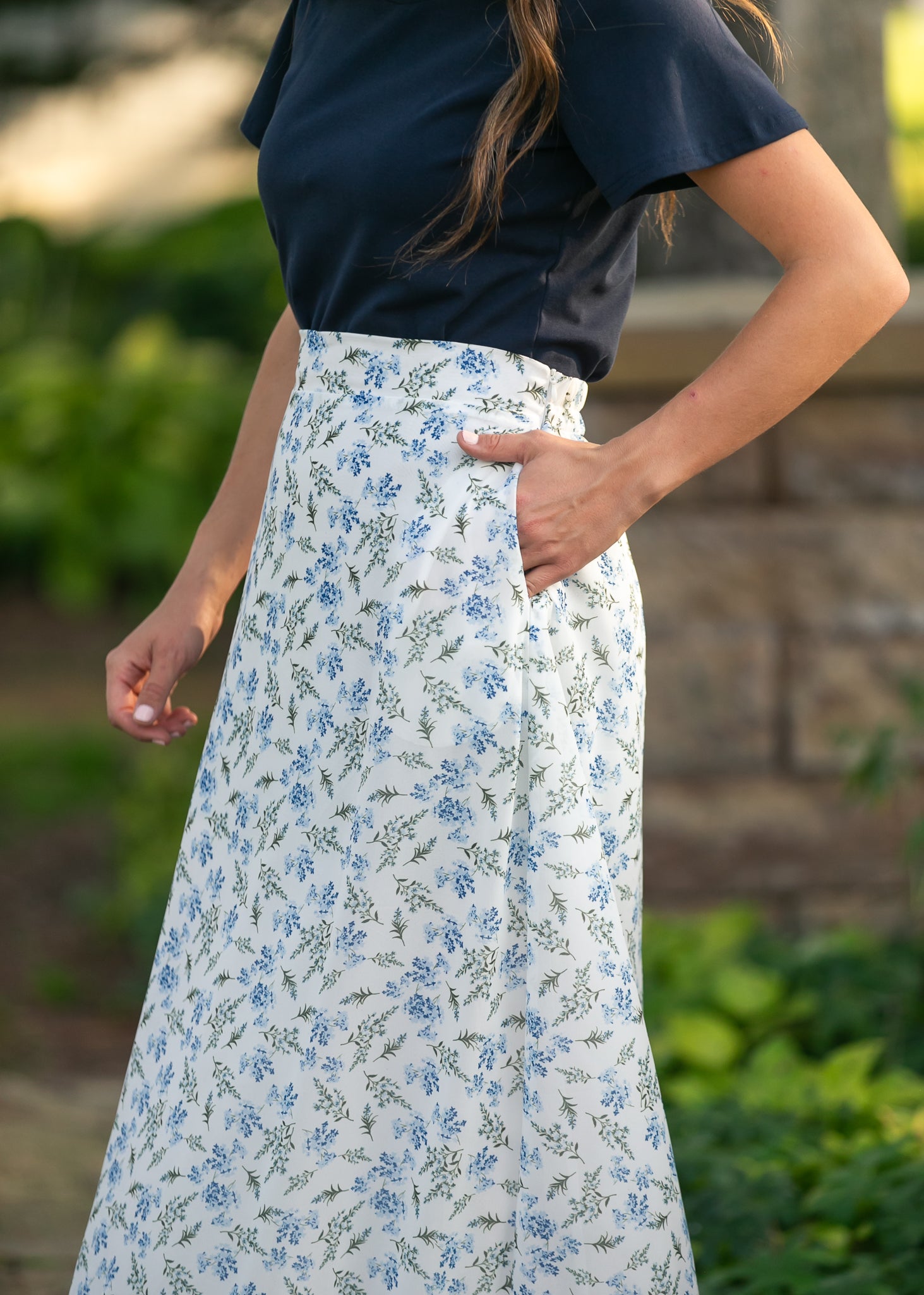 Havyn Blue Floral Lined Maxi Skirt