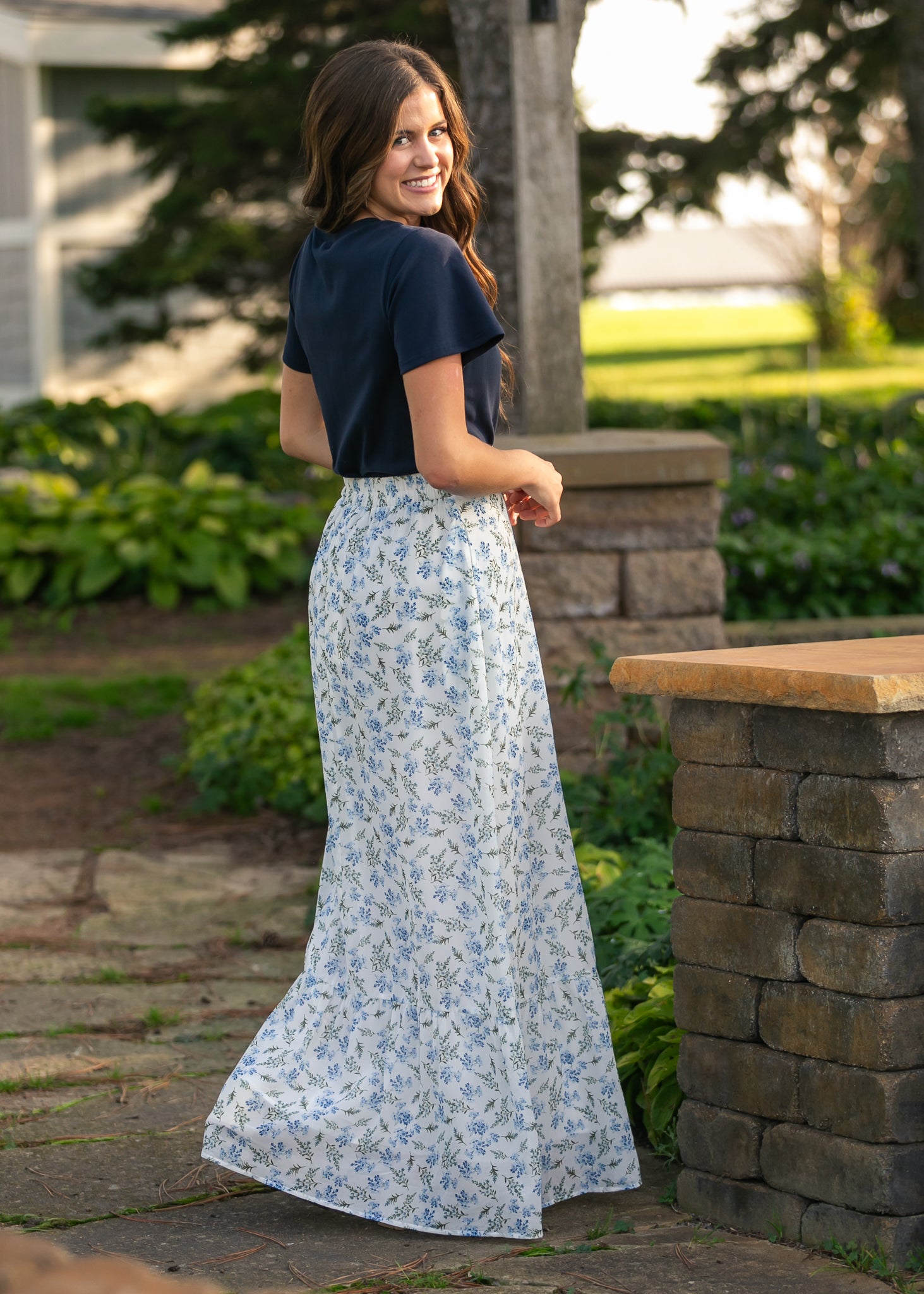 Havyn Blue Floral Lined Maxi Skirt