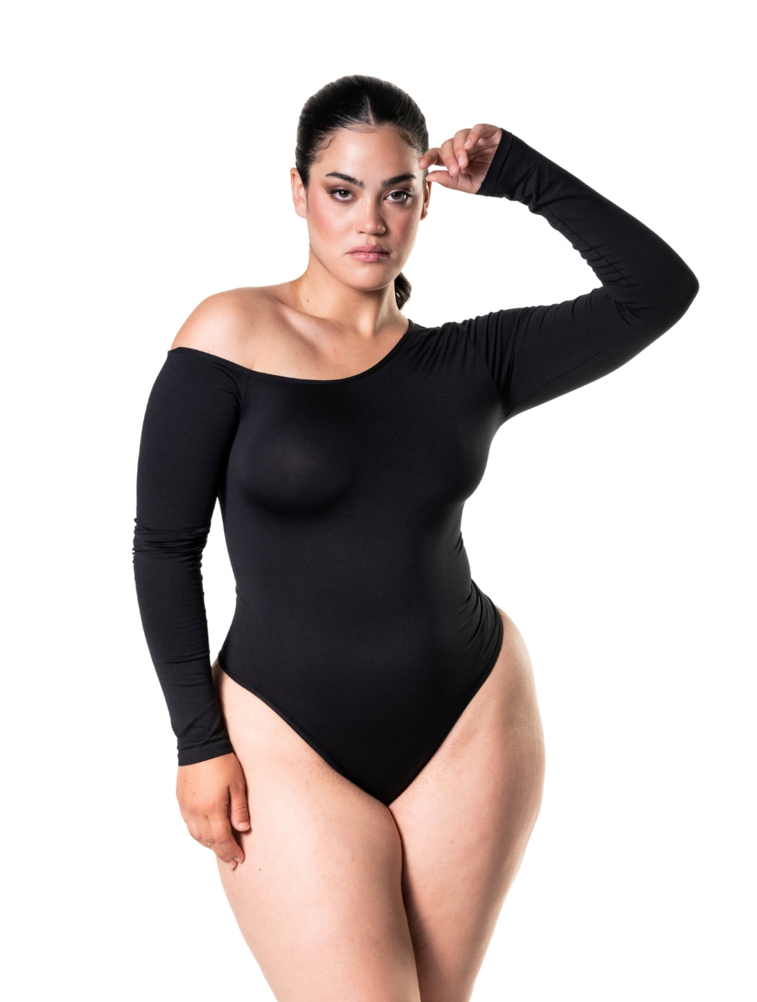 One Shoulder Long Sleeve Thong Bodysuit | Includes Plus Size