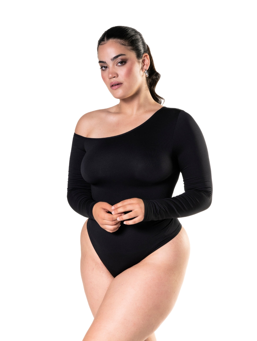 One Shoulder Long Sleeve Thong Bodysuit | Includes Plus Size