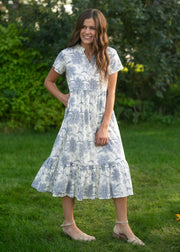 Jaydrien Blue Floral Short Sleeve Midi Dress