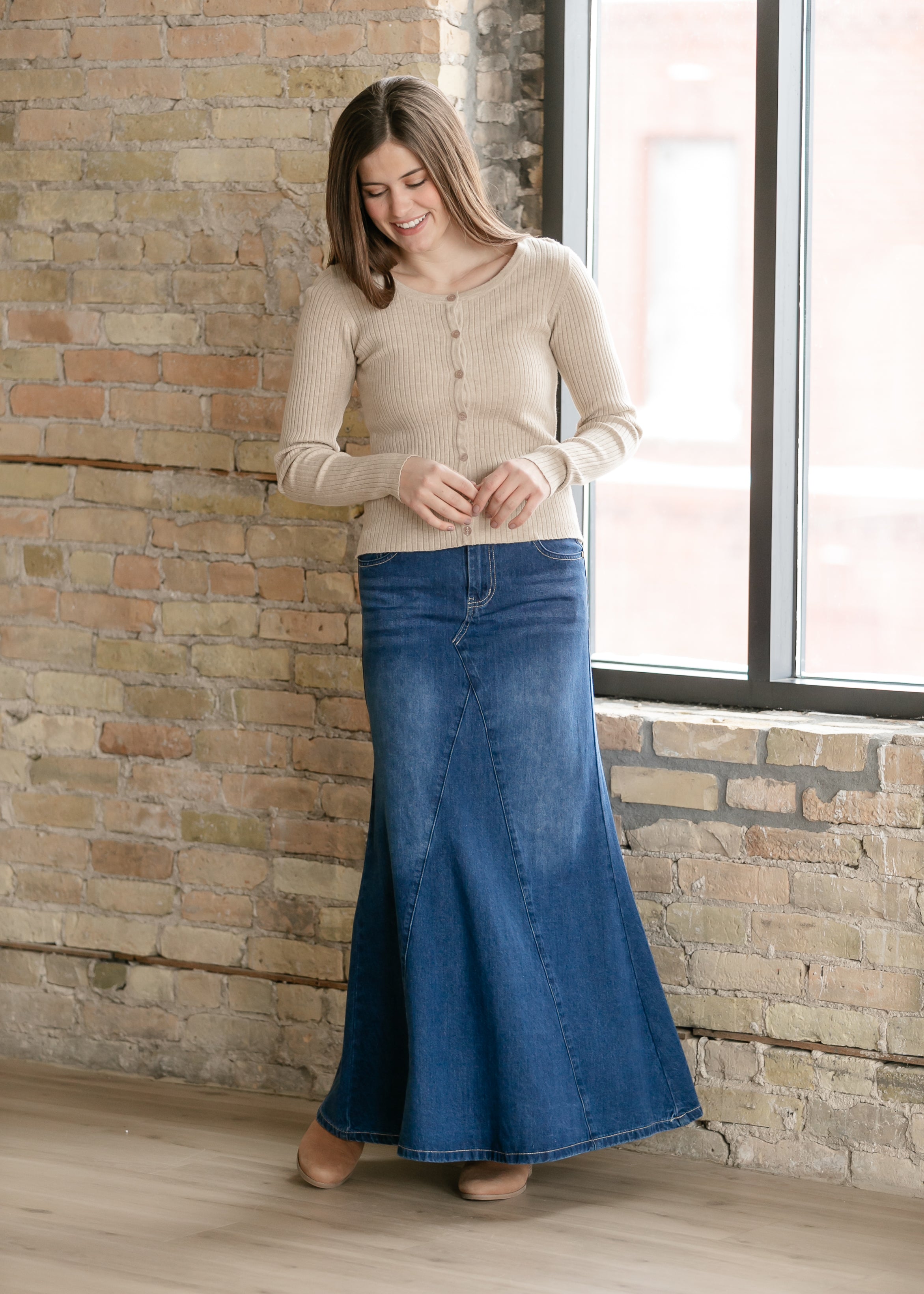Jennifer A-line Long Denim Skirt | Includes Plus Size