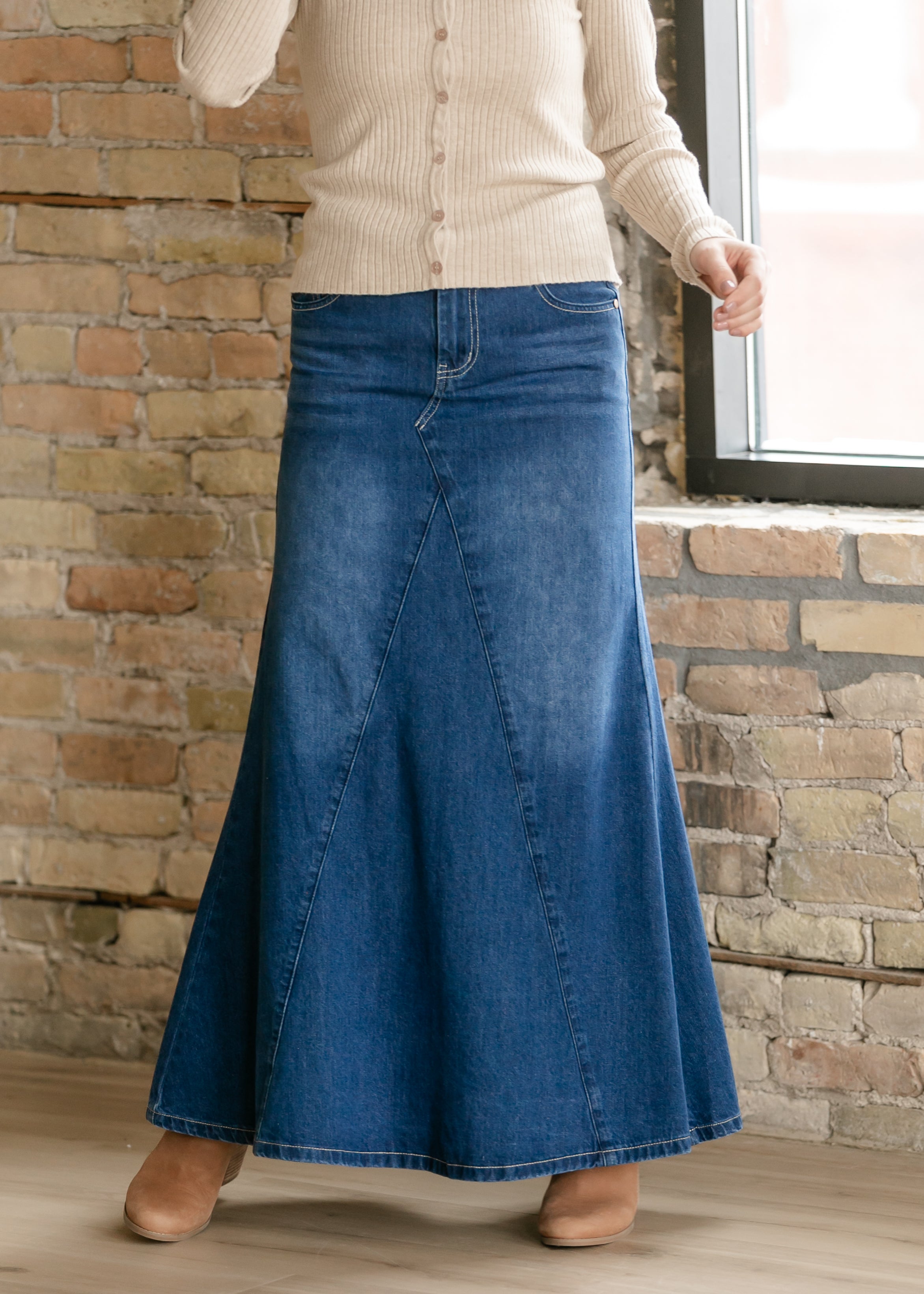 Jennifer A-line Long Denim Skirt | Includes Plus Size