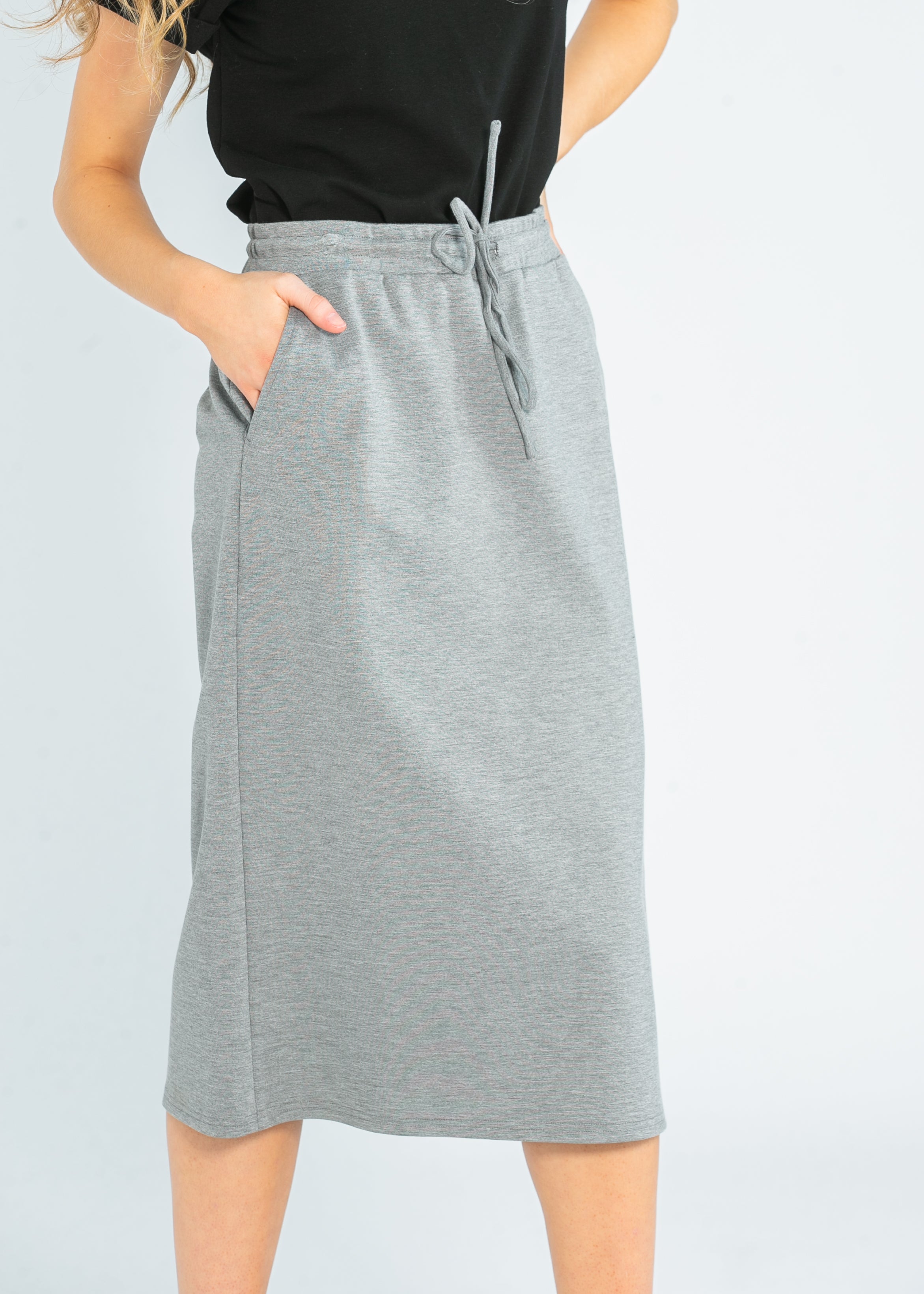 Jordan Gray Pinstripe Knit Midi Skirt