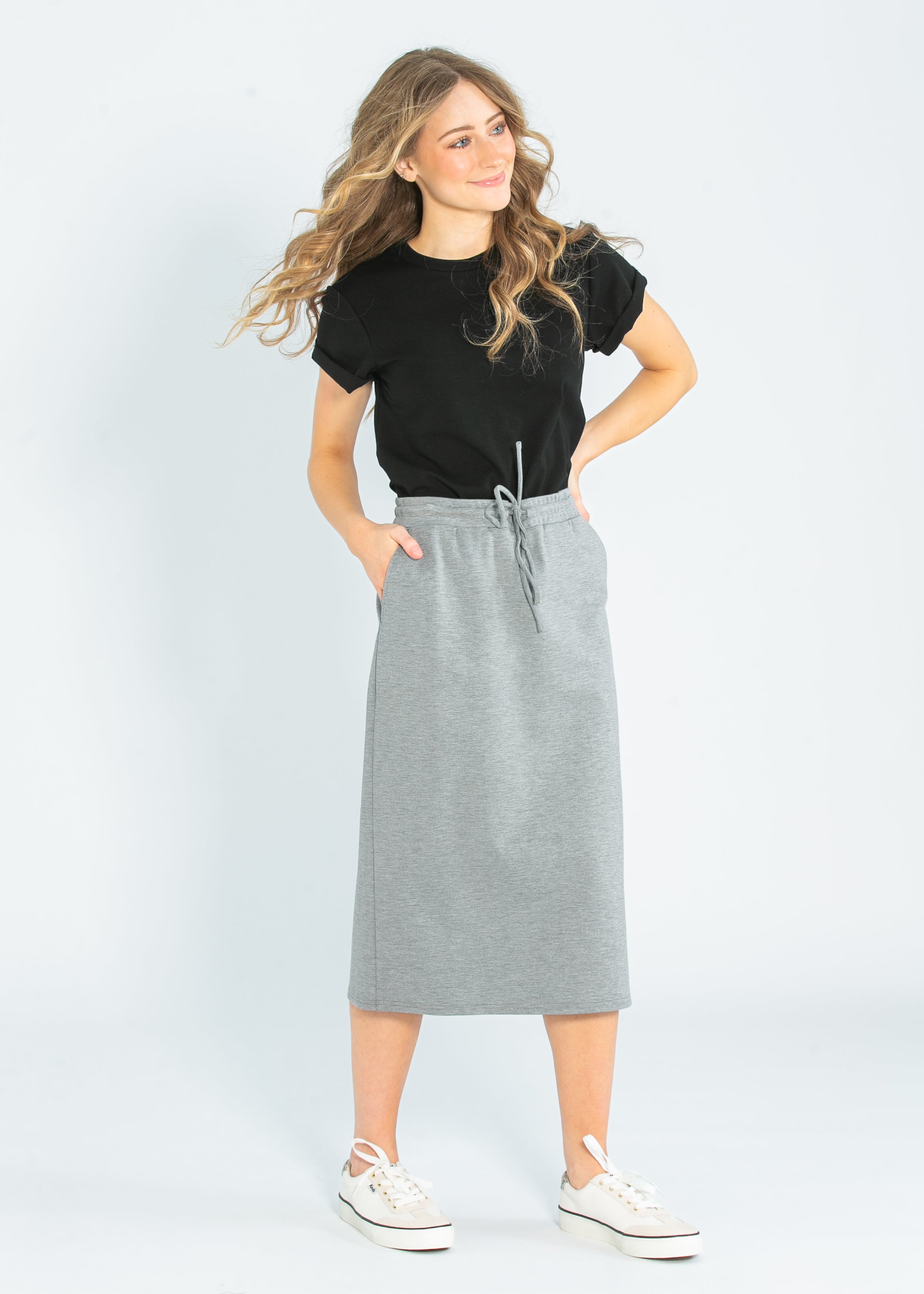 Jordan Gray Pinstripe Knit Midi Skirt