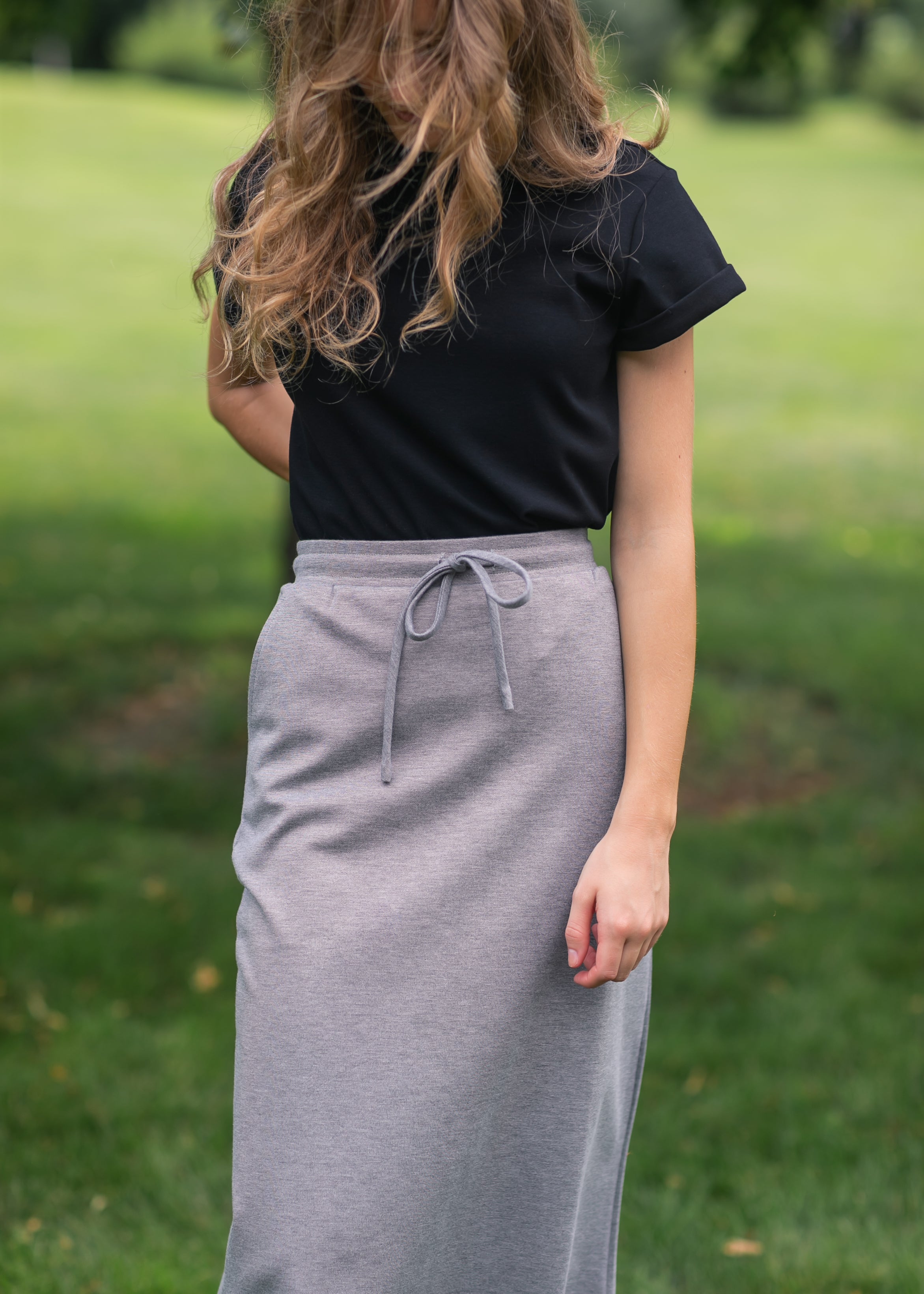 Jordan Gray Pinstripe Knit Midi Skirt