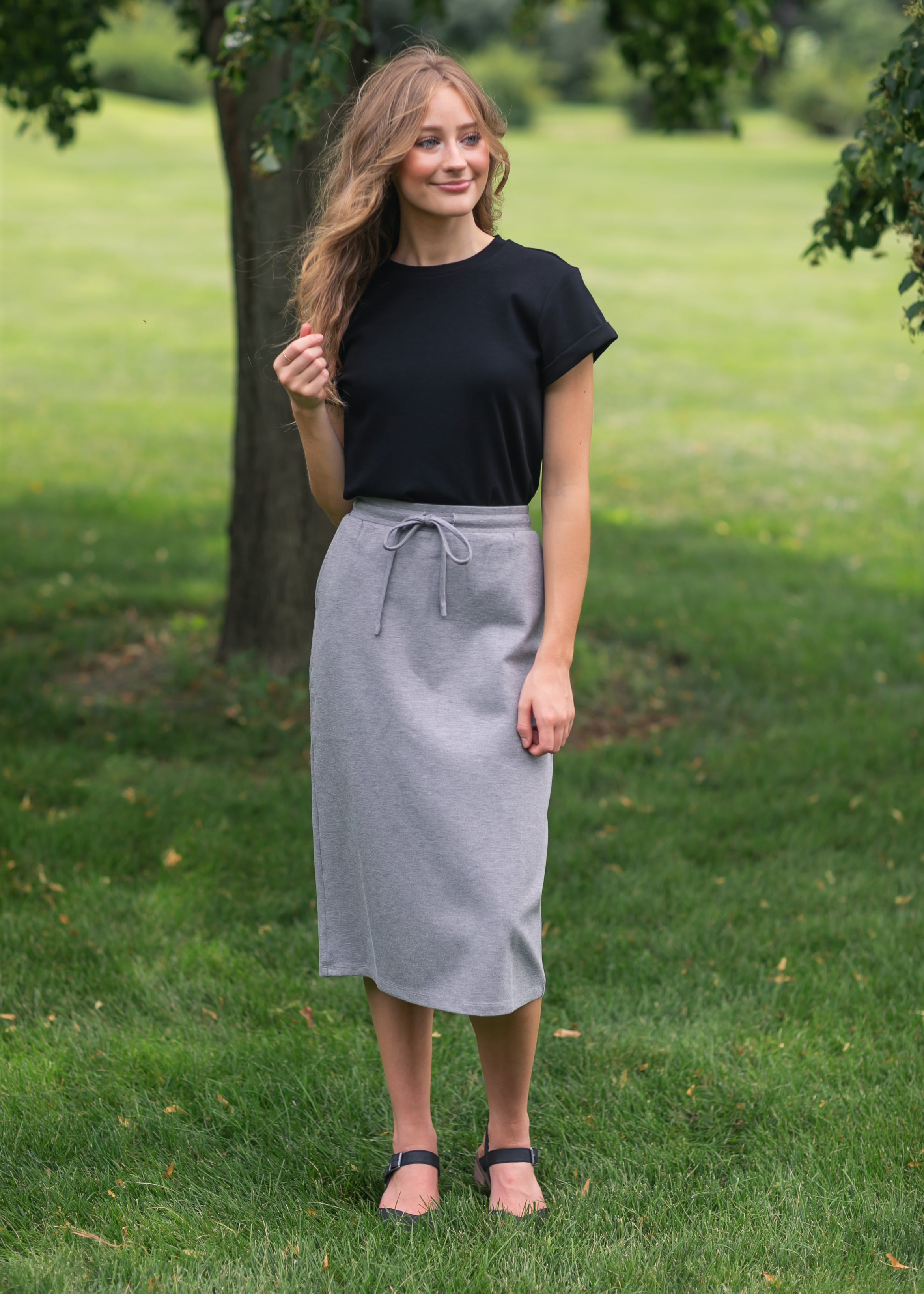 Jordan Gray Pinstripe Knit Midi Skirt