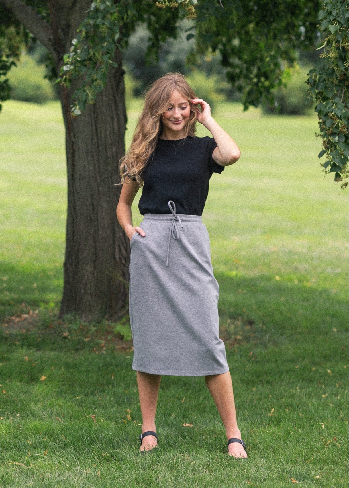 Jordan Gray Pinstripe Knit Midi Skirt