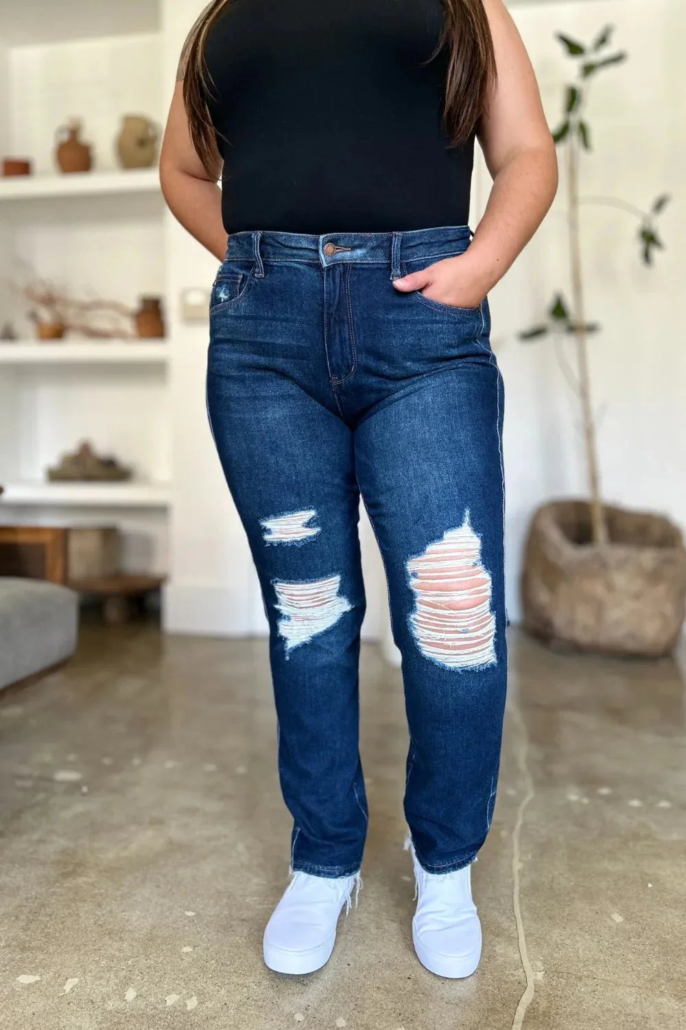 Judy Blue Full Size High Waist Rigid Magic Heavy Destroy Straight Jeans | Includes Plus Size