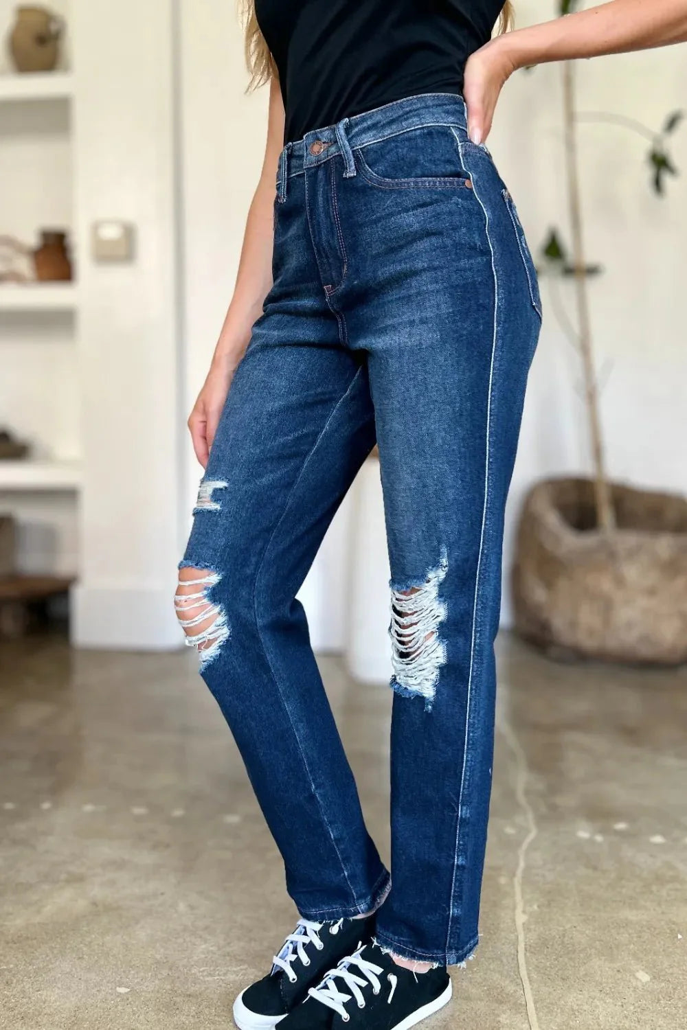 Judy Blue Full Size High Waist Rigid Magic Heavy Destroy Straight Jeans | Includes Plus Size