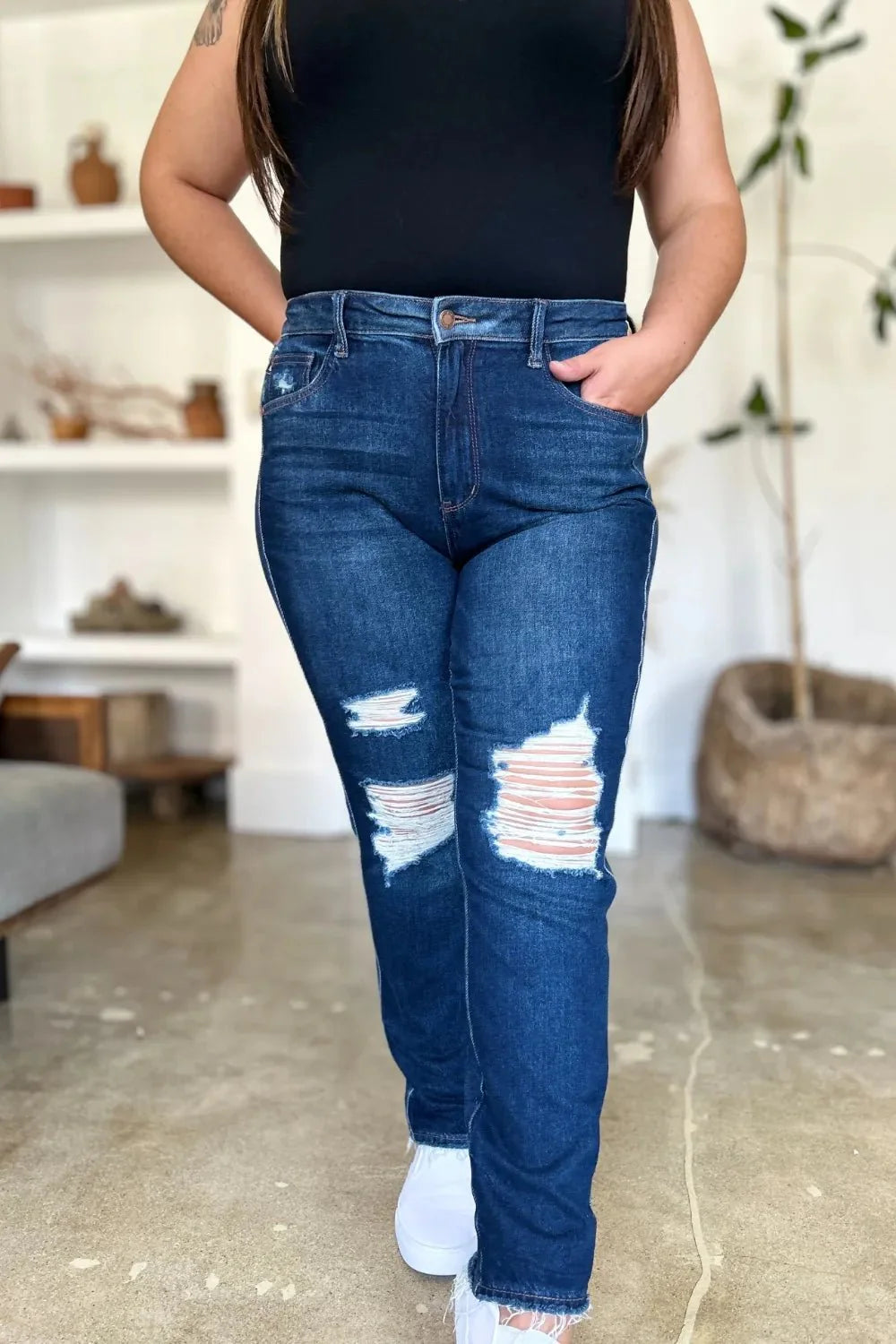 Judy Blue Full Size High Waist Rigid Magic Heavy Destroy Straight Jeans | Includes Plus Size