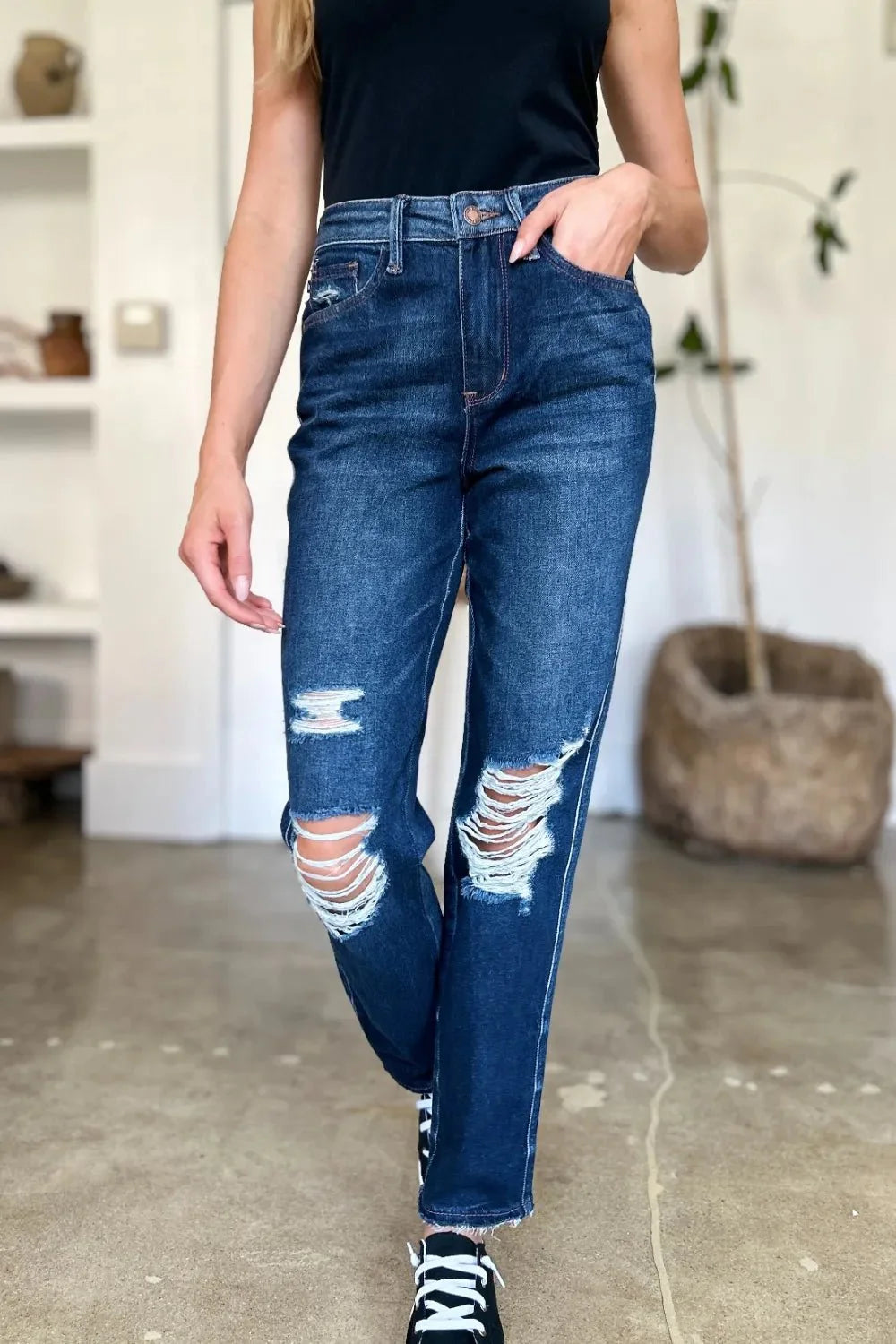 Judy Blue Full Size High Waist Rigid Magic Heavy Destroy Straight Jeans | Includes Plus Size