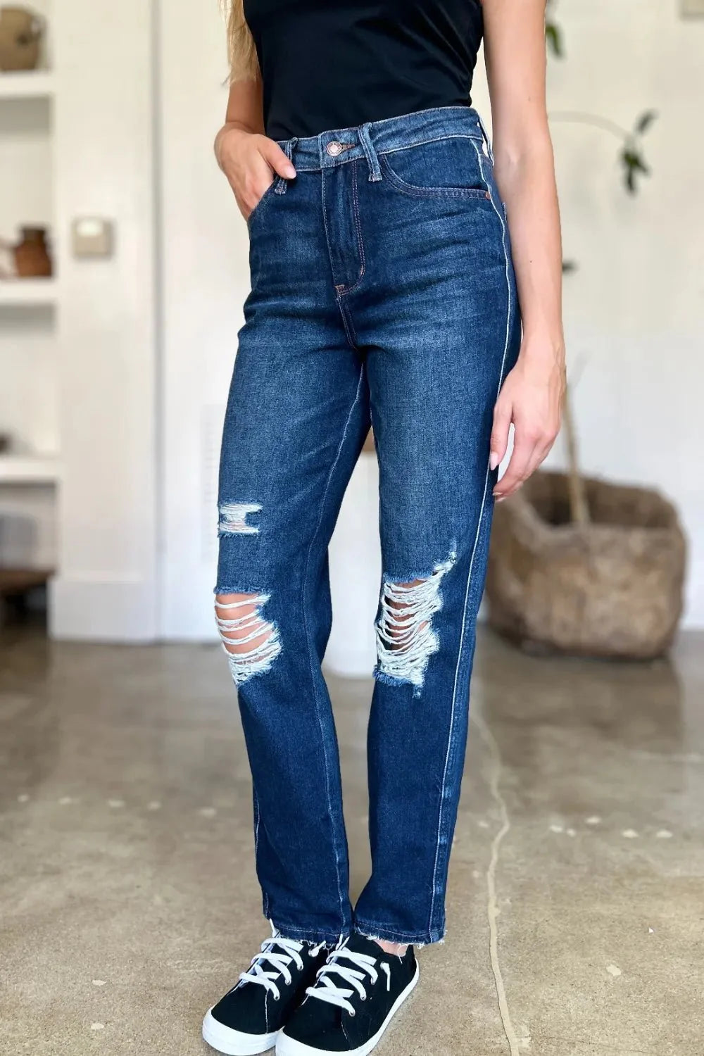 Judy Blue Full Size High Waist Rigid Magic Heavy Destroy Straight Jeans | Includes Plus Size