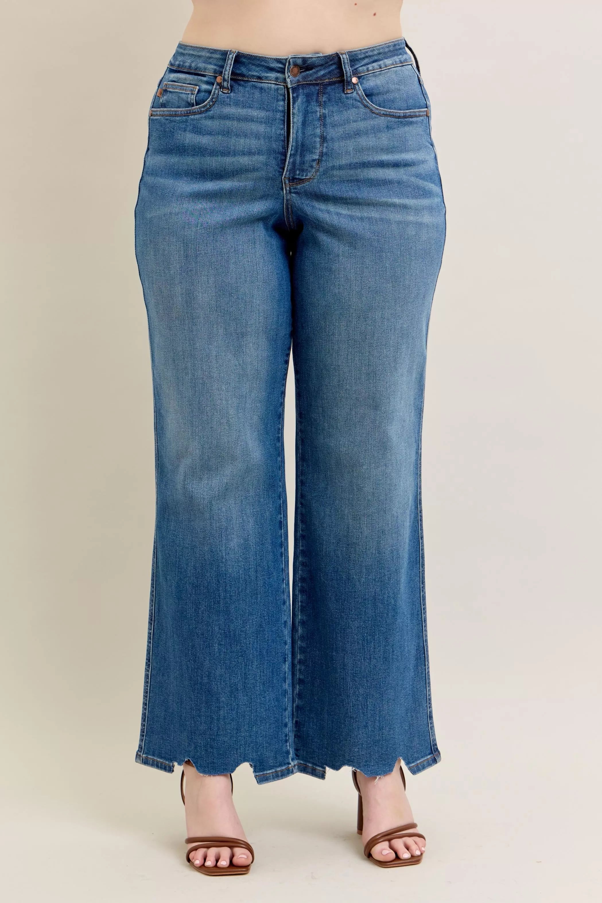 Judy Blue Full Size High Waist Tummy Control Chew Hem Destroy Wide Jeans | Includes Plus Size