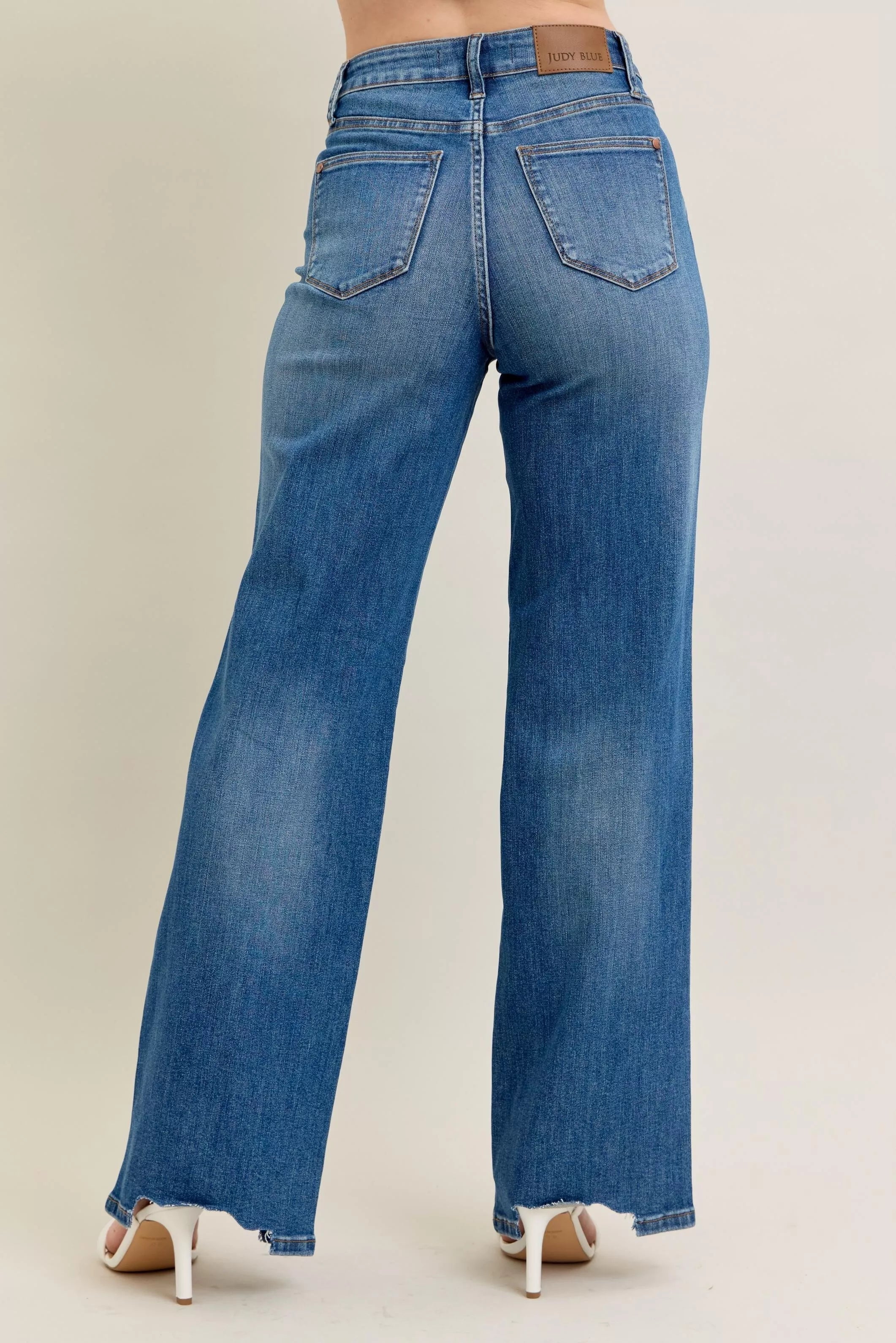 Judy Blue Full Size High Waist Tummy Control Chew Hem Destroy Wide Jeans | Includes Plus Size