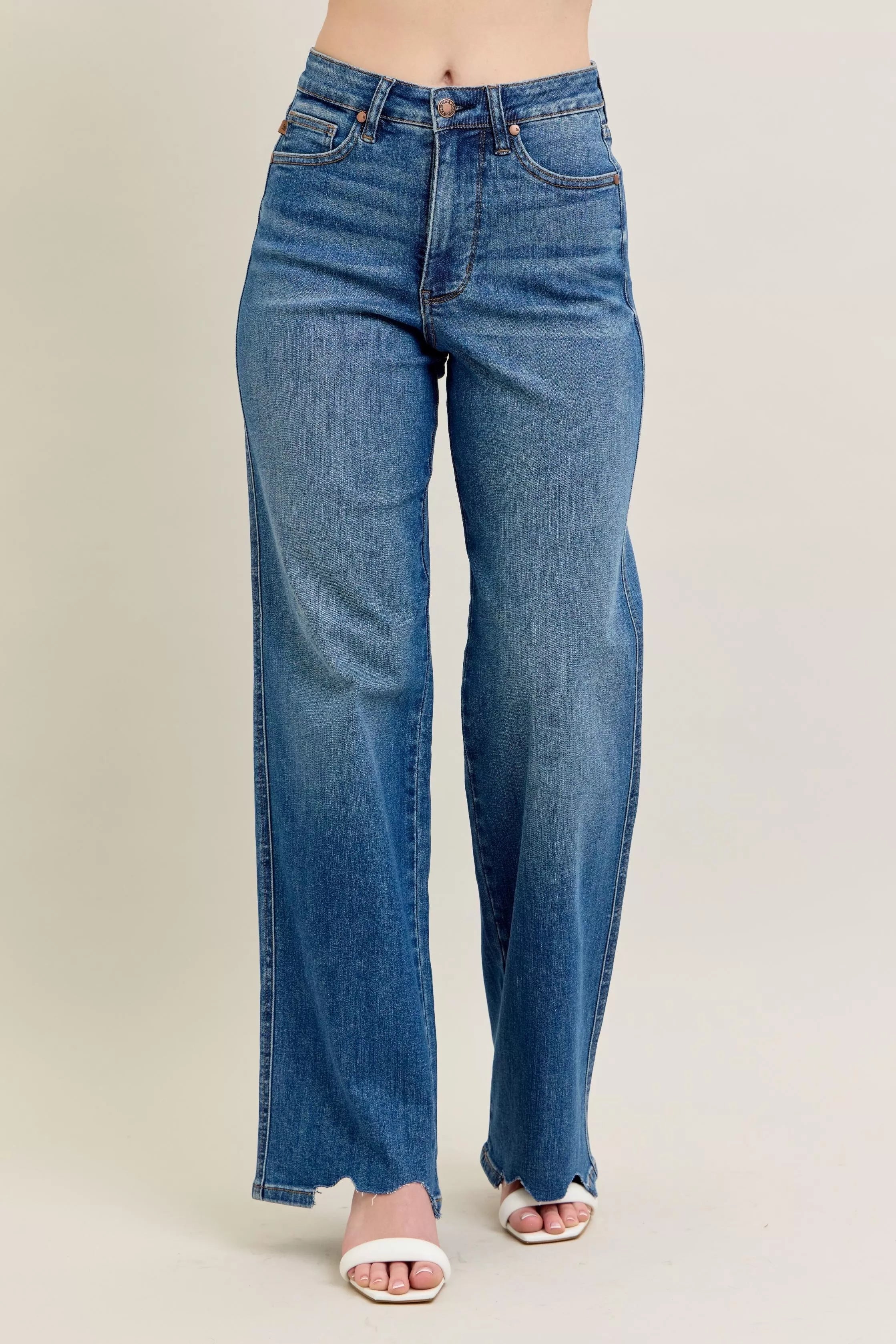 Judy Blue Full Size High Waist Tummy Control Chew Hem Destroy Wide Jeans | Includes Plus Size