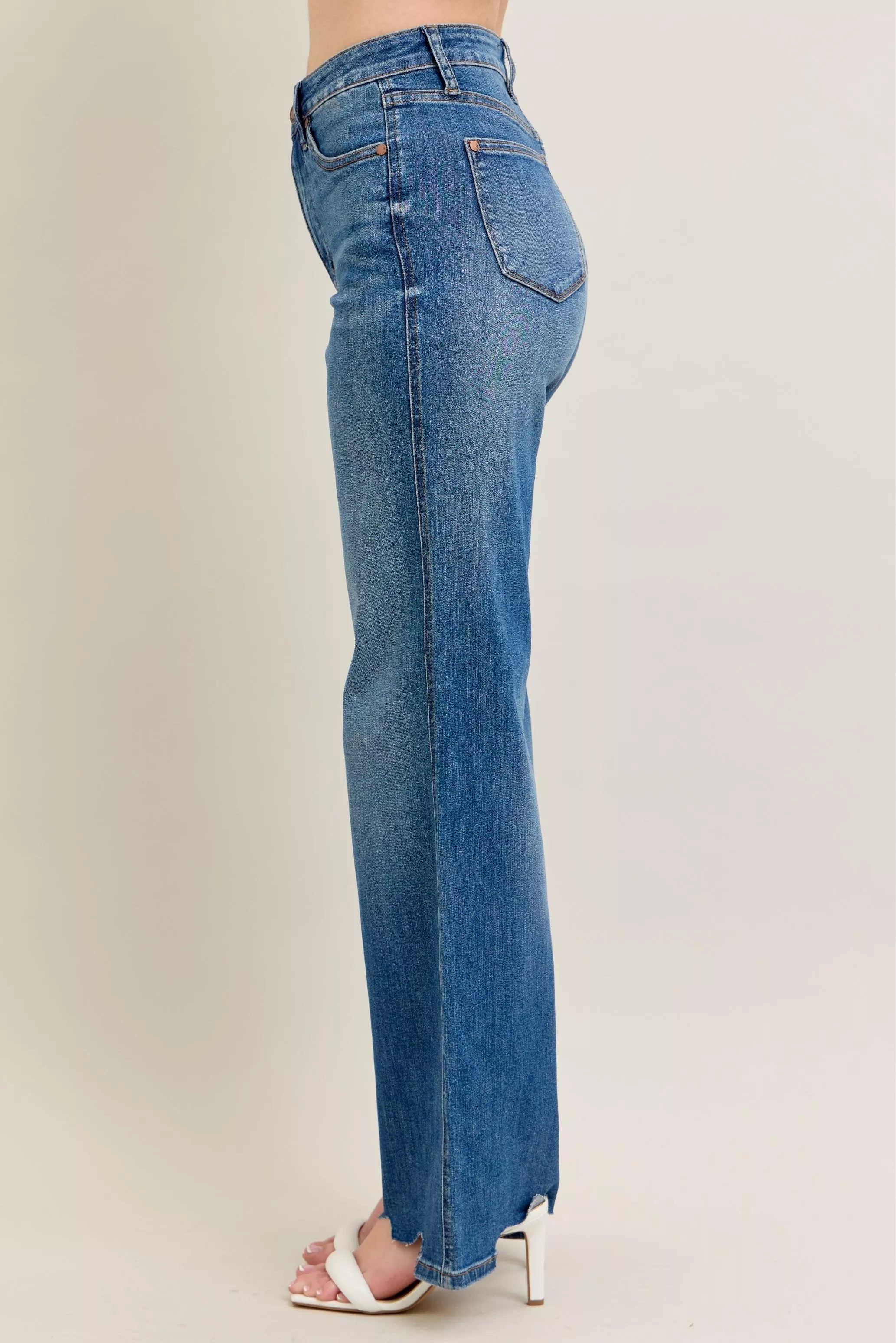 Judy Blue Full Size High Waist Tummy Control Chew Hem Destroy Wide Jeans | Includes Plus Size