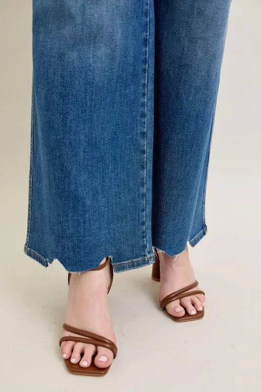 Judy Blue Full Size High Waist Tummy Control Chew Hem Destroy Wide Jeans | Includes Plus Size