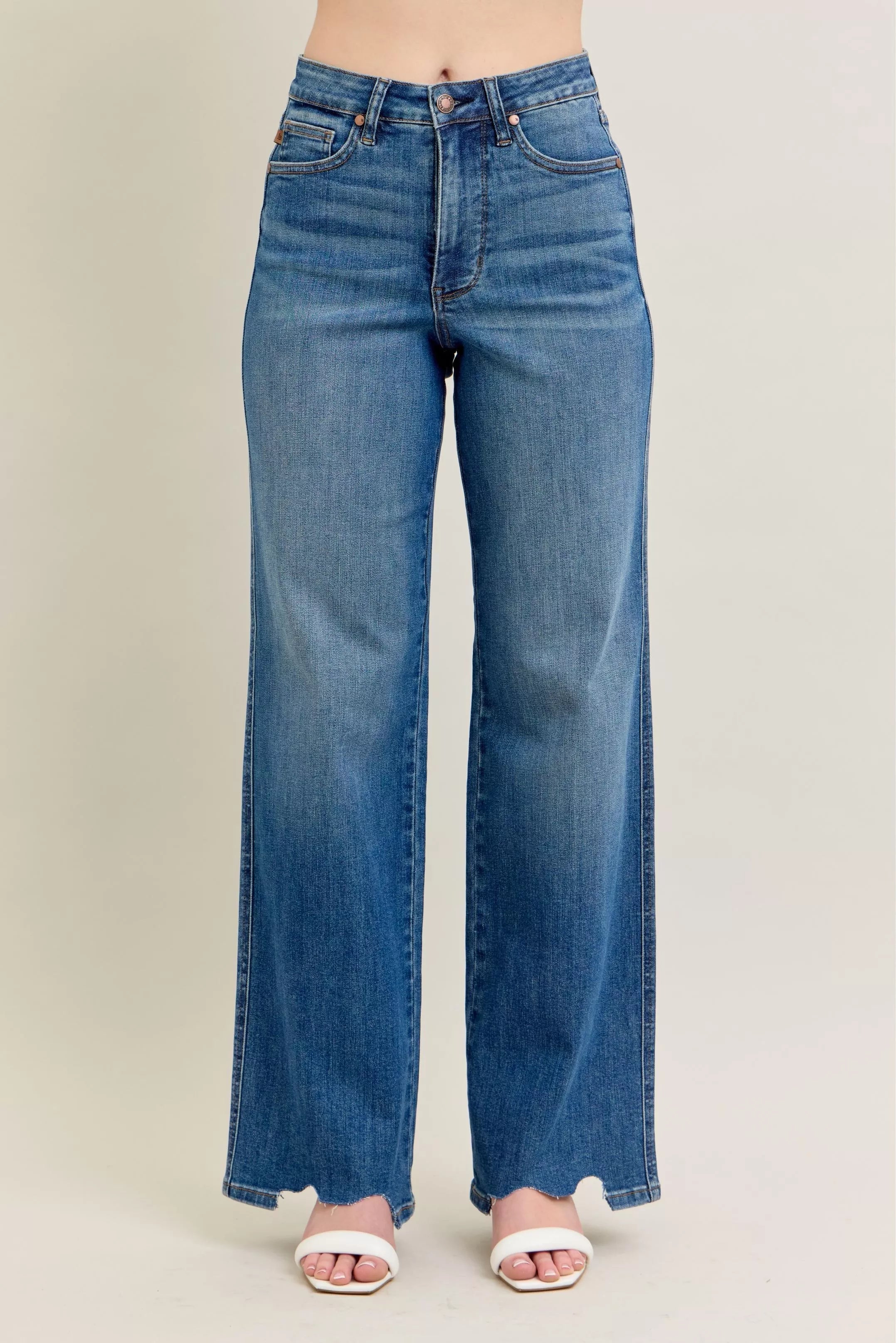 Judy Blue Full Size High Waist Tummy Control Chew Hem Destroy Wide Jeans | Includes Plus Size
