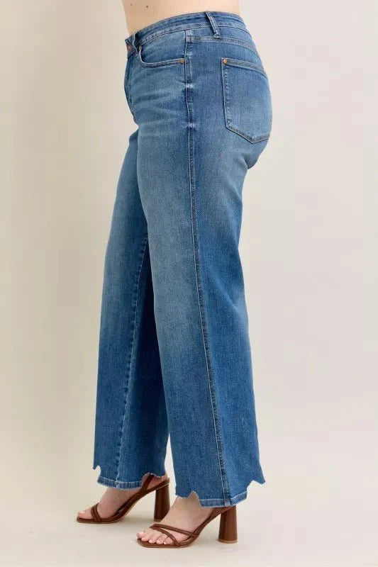 Judy Blue Full Size High Waist Tummy Control Chew Hem Destroy Wide Jeans | Includes Plus Size