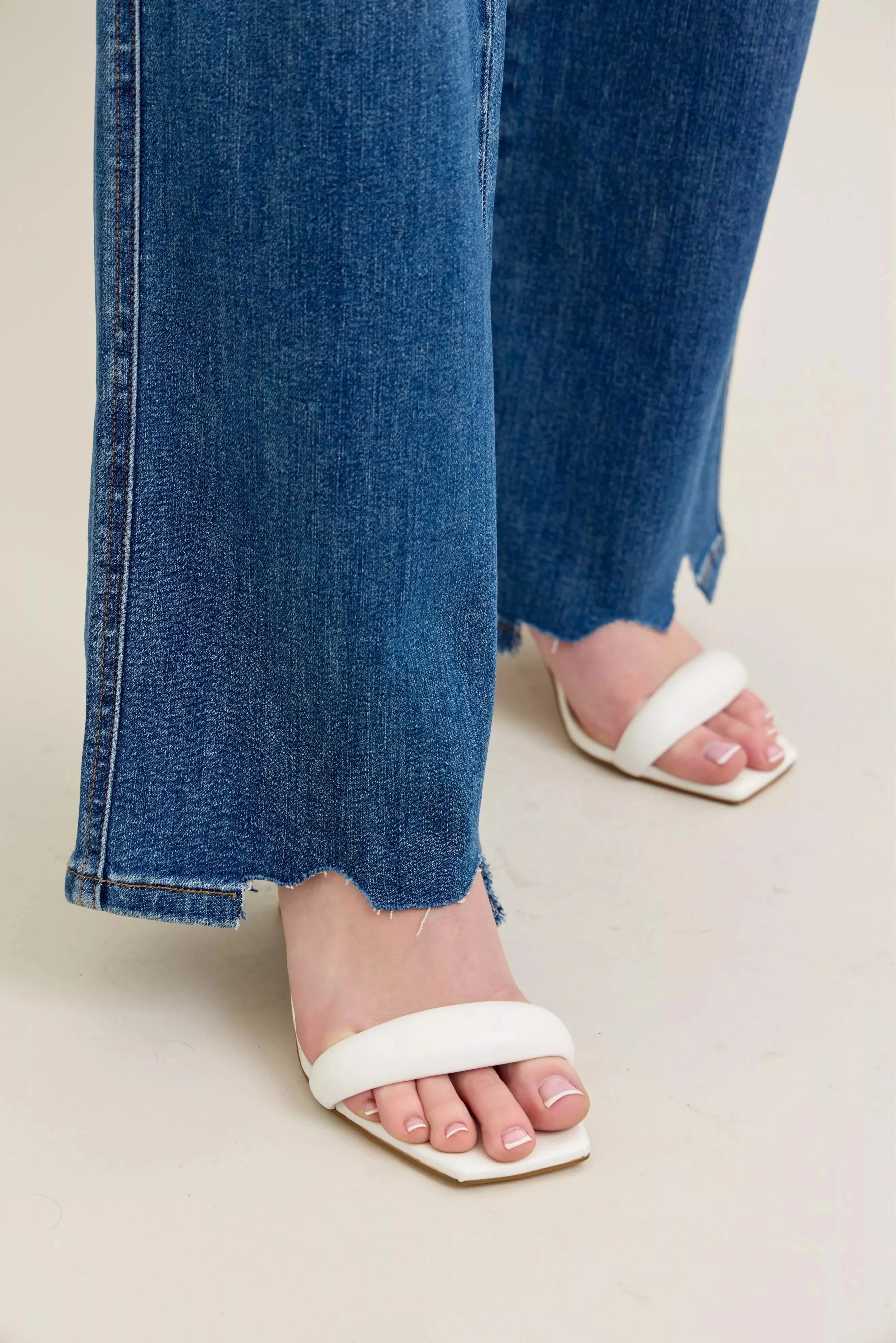 Judy Blue Full Size High Waist Tummy Control Chew Hem Destroy Wide Jeans | Includes Plus Size