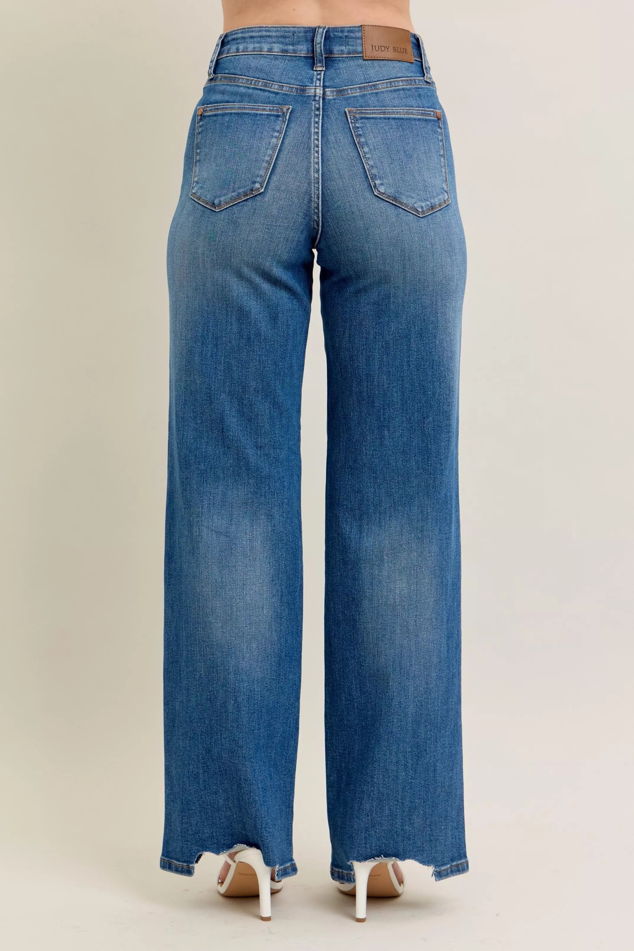Judy Blue Full Size High Waist Tummy Control Chew Hem Destroy Wide Jeans | Includes Plus Size
