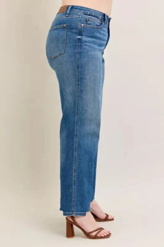 Judy Blue Full Size High Waist Tummy Control Chew Hem Destroy Wide Jeans | Includes Plus Size