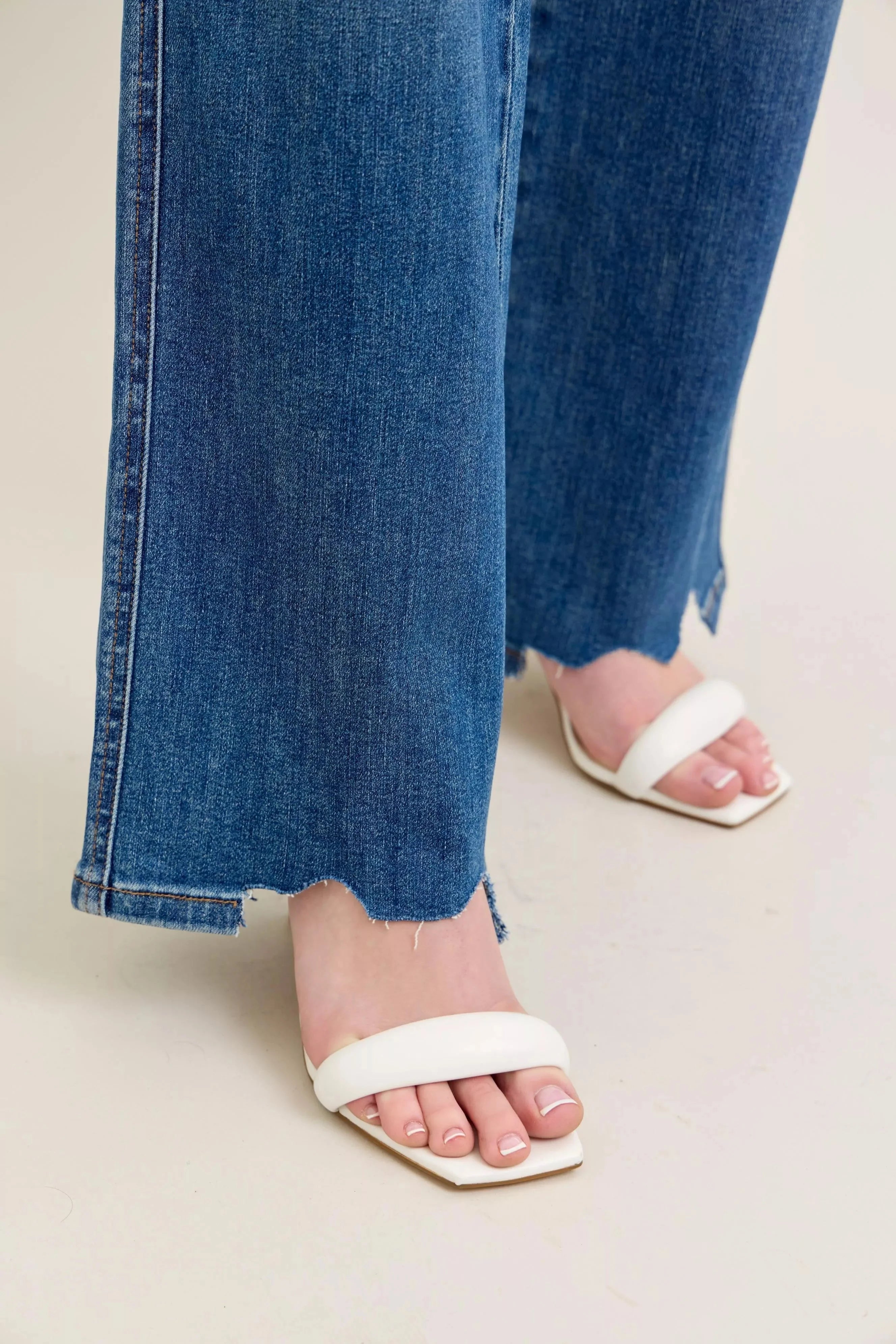 Judy Blue Full Size High Waist Tummy Control Chew Hem Destroy Wide Jeans | Includes Plus Size