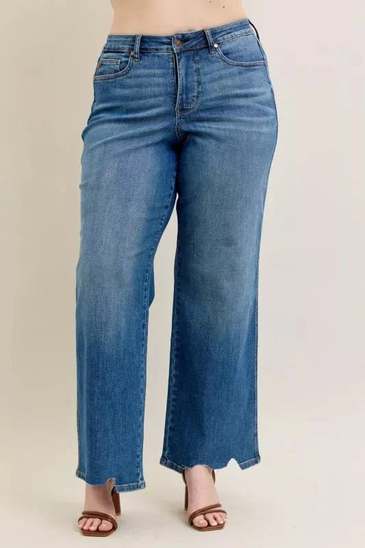 Judy Blue Full Size High Waist Tummy Control Chew Hem Destroy Wide Jeans | Includes Plus Size