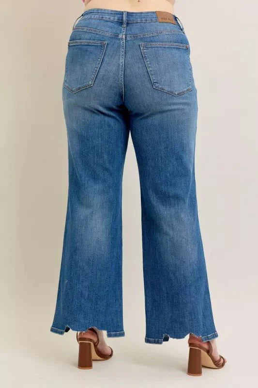 Judy Blue Full Size High Waist Tummy Control Chew Hem Destroy Wide Jeans | Includes Plus Size
